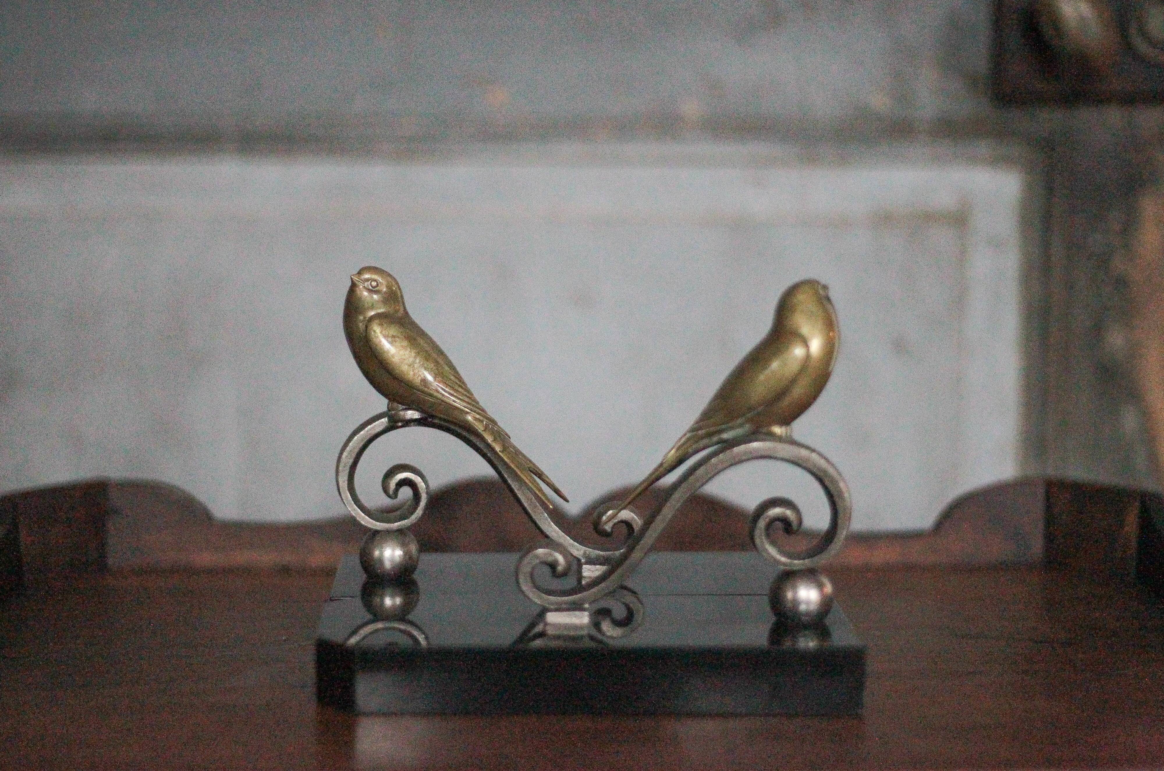 Serre-livres vintage, oiseau laiton socle marbre noir, animaux laiton