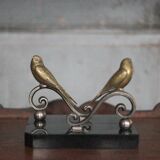 Serre-livres vintage, oiseau laiton socle marbre noir, animaux laiton