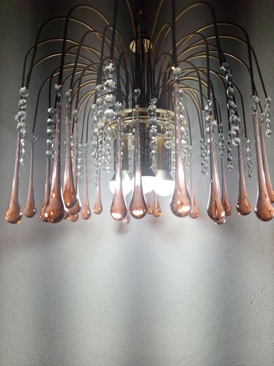 Lustre en cascade de grande taille en verre de Murano rose