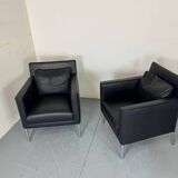 2 fauteuils de salon modernistes allemands en cuir noir et acier de Walter Knoll