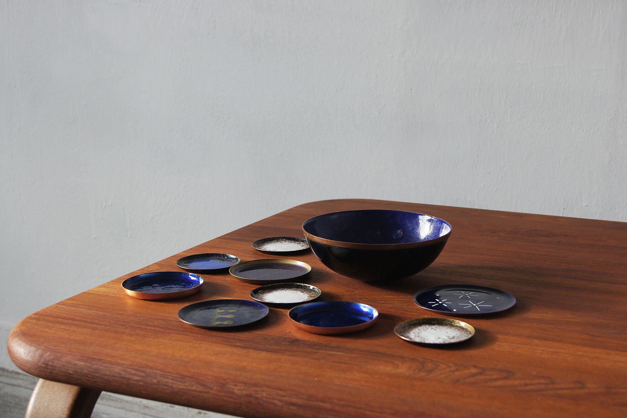 Vintage brass & enameled plates, set of 10