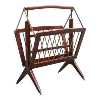 Foldable magazine rack in wood and brass, Made in Italy