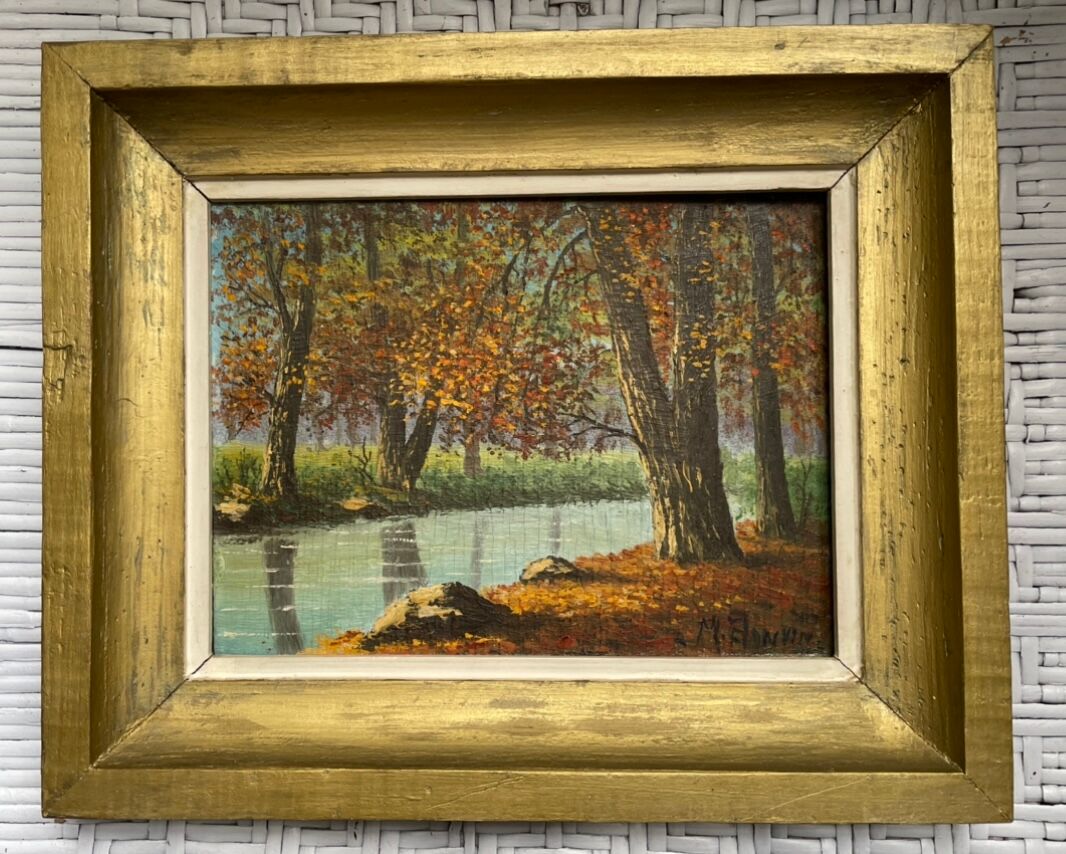 Old painting, river landscape signed M.Bonvin