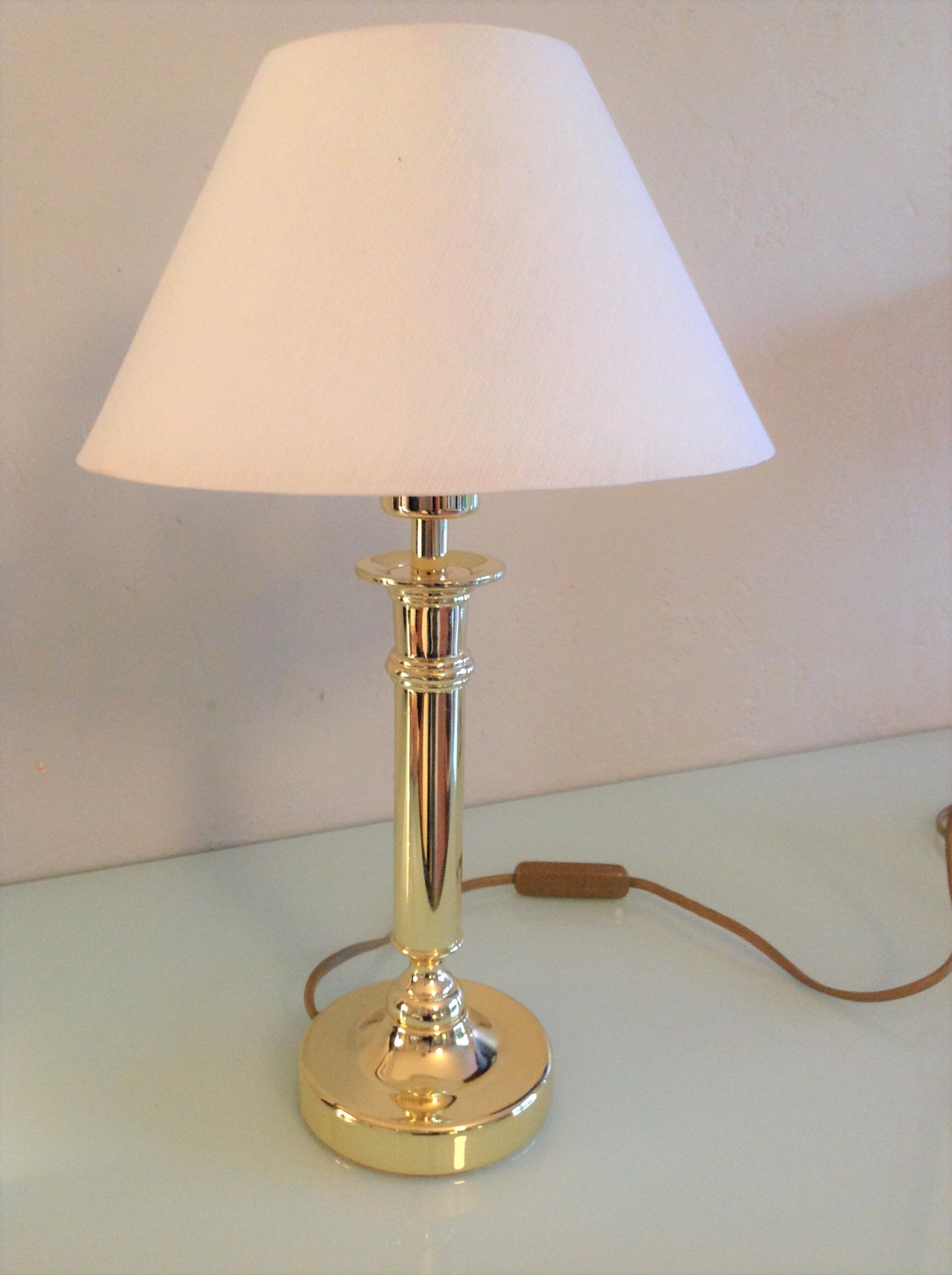 Brass lamp and lampshade fabric ecru / vintage 70s