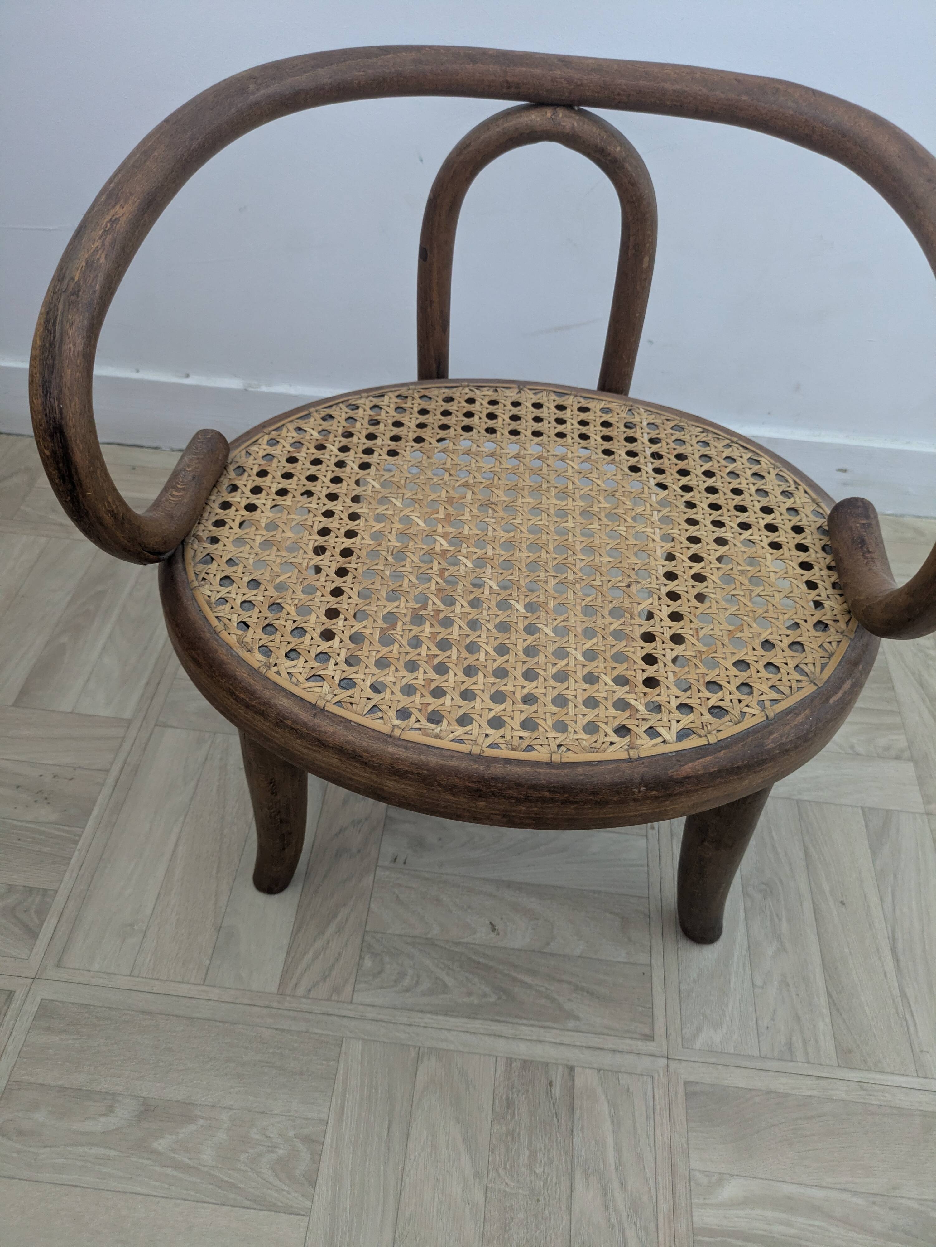 Small Antique Children's Armchair in Curved Wood and Cane