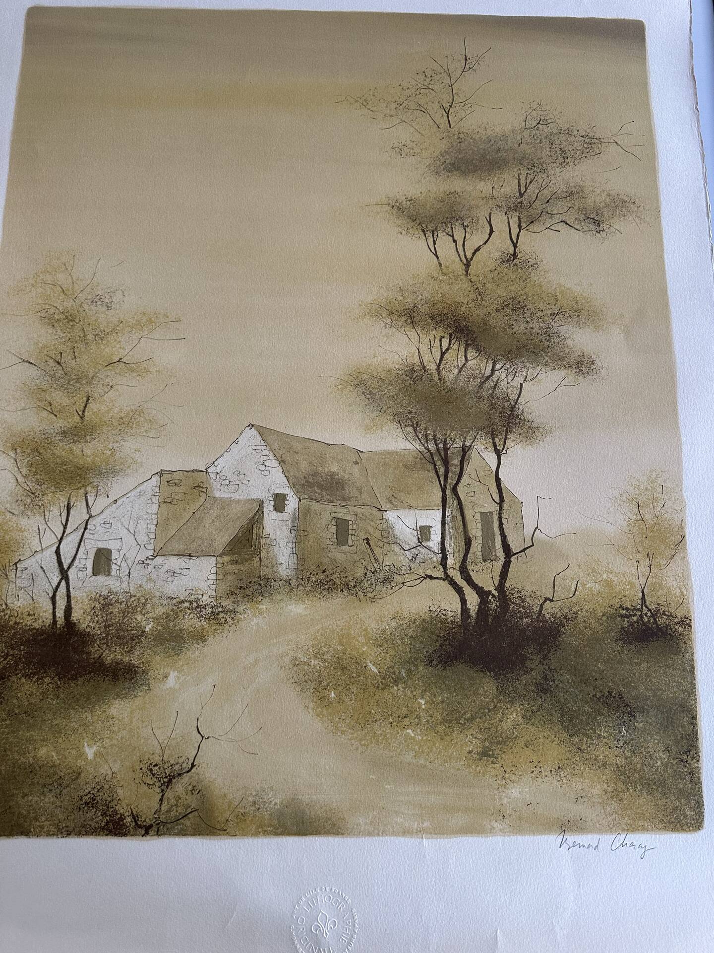 Lithographie originale de Bernard Charoy « vieille ferme »