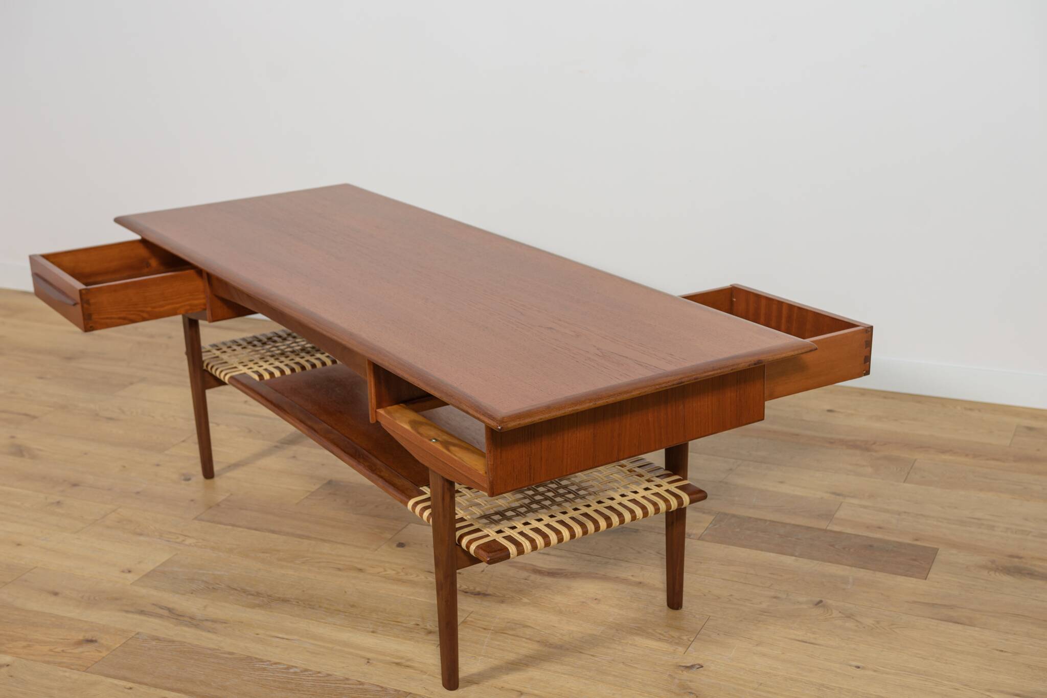 Mid-Century Teak & Rattan Coffee Table, Denmark, 1960s