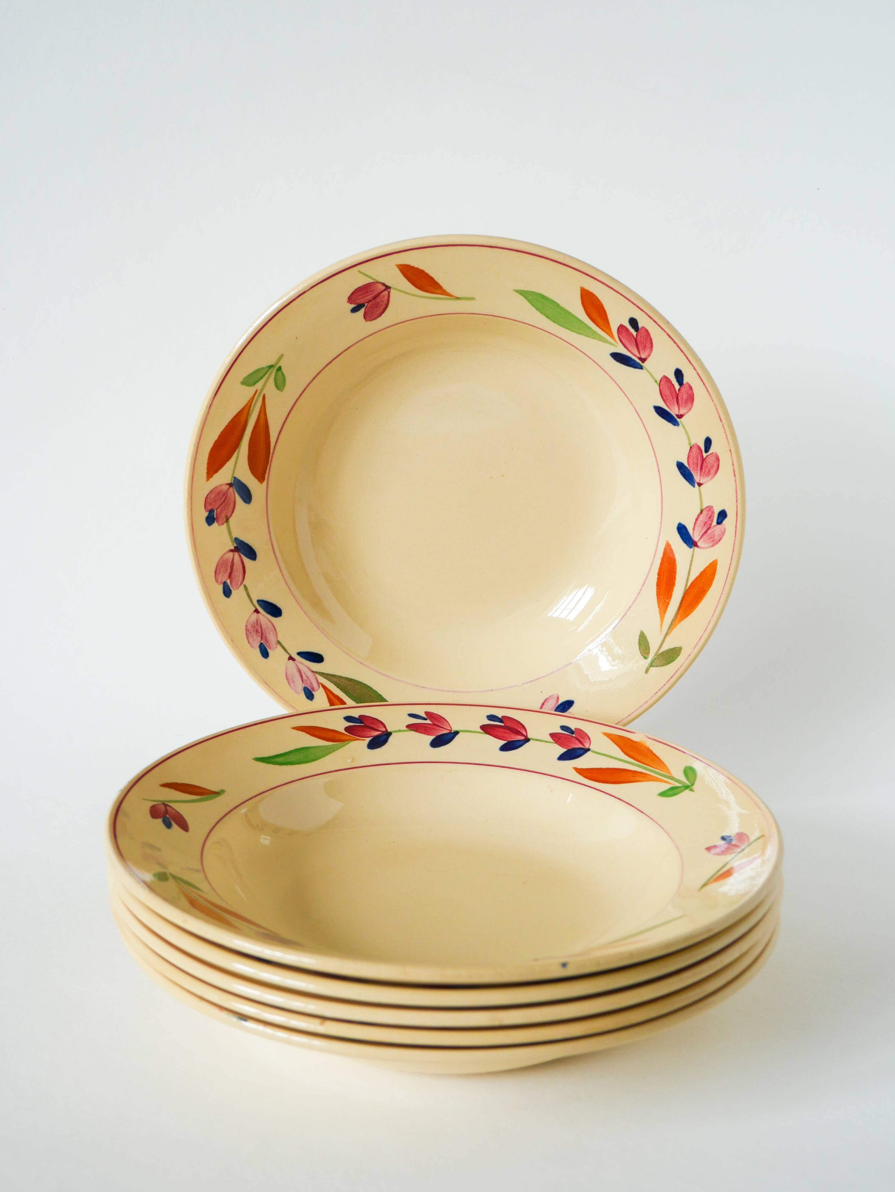 Set of 6 Gien flower soup plates, “Jeannine” model, 1940