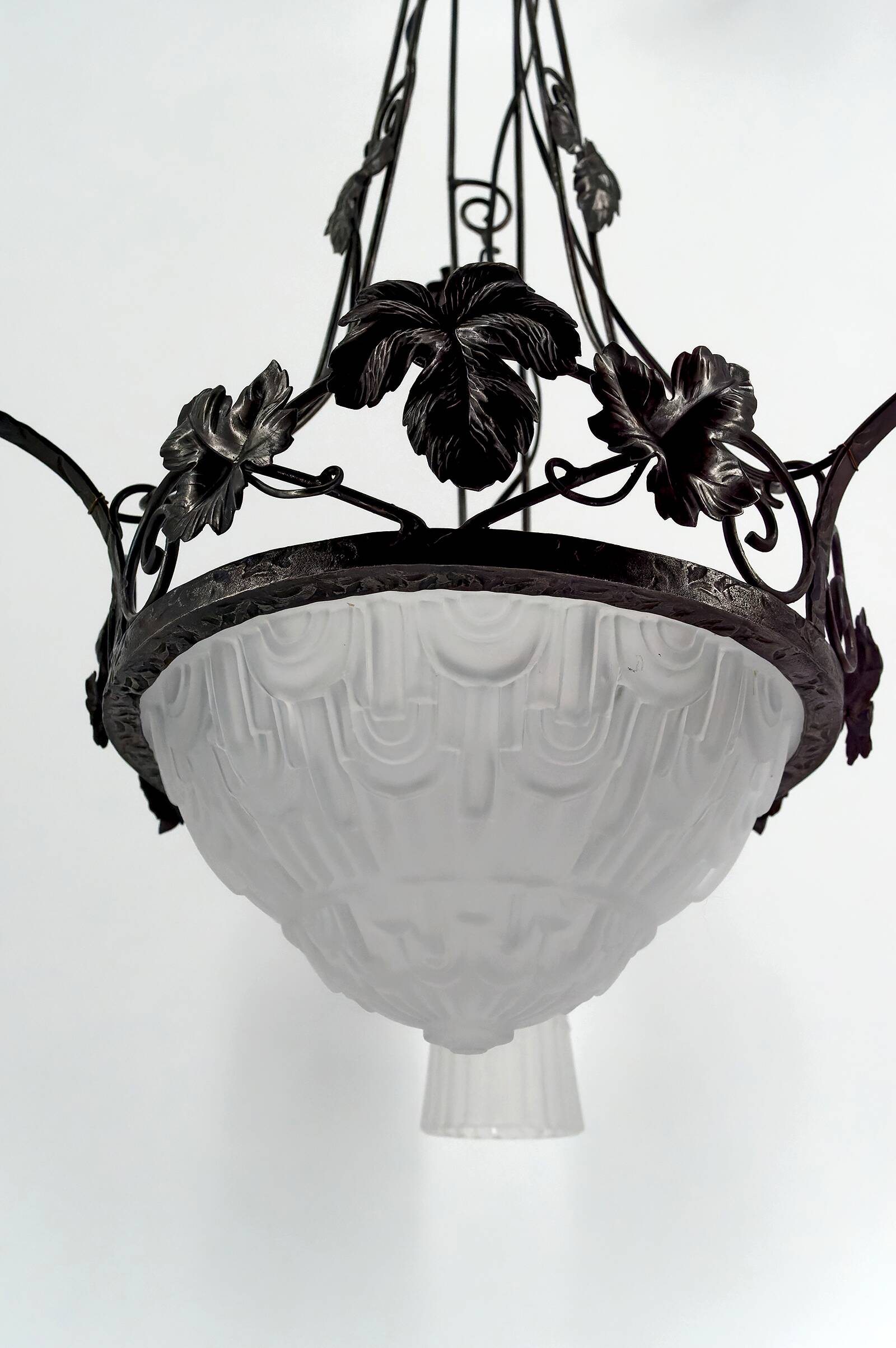 Wrought iron chandelier, tulips / pressed-molded glass bowl, Art Deco, 1930