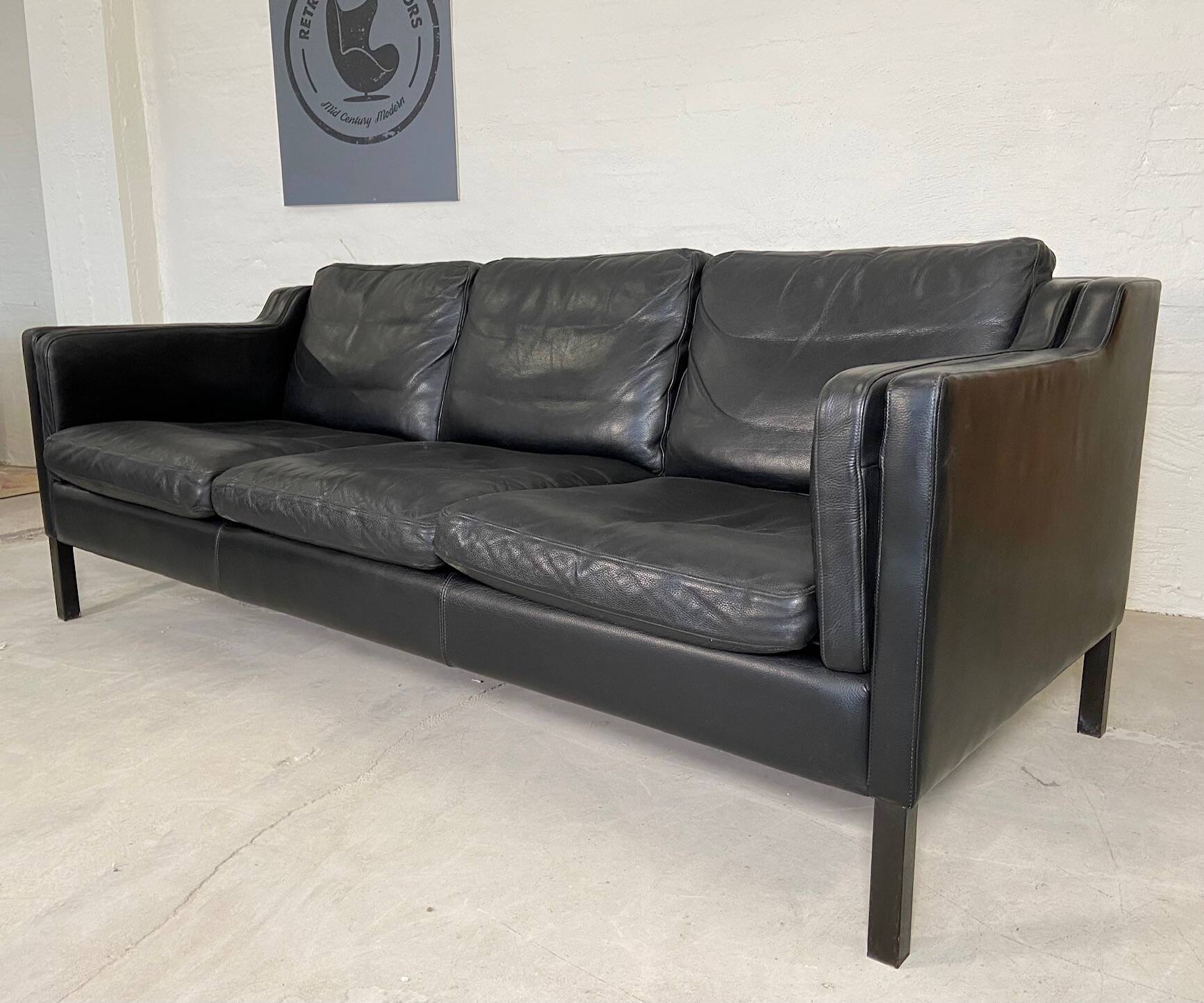 Vintage danish black leather 3 person stouby sofa