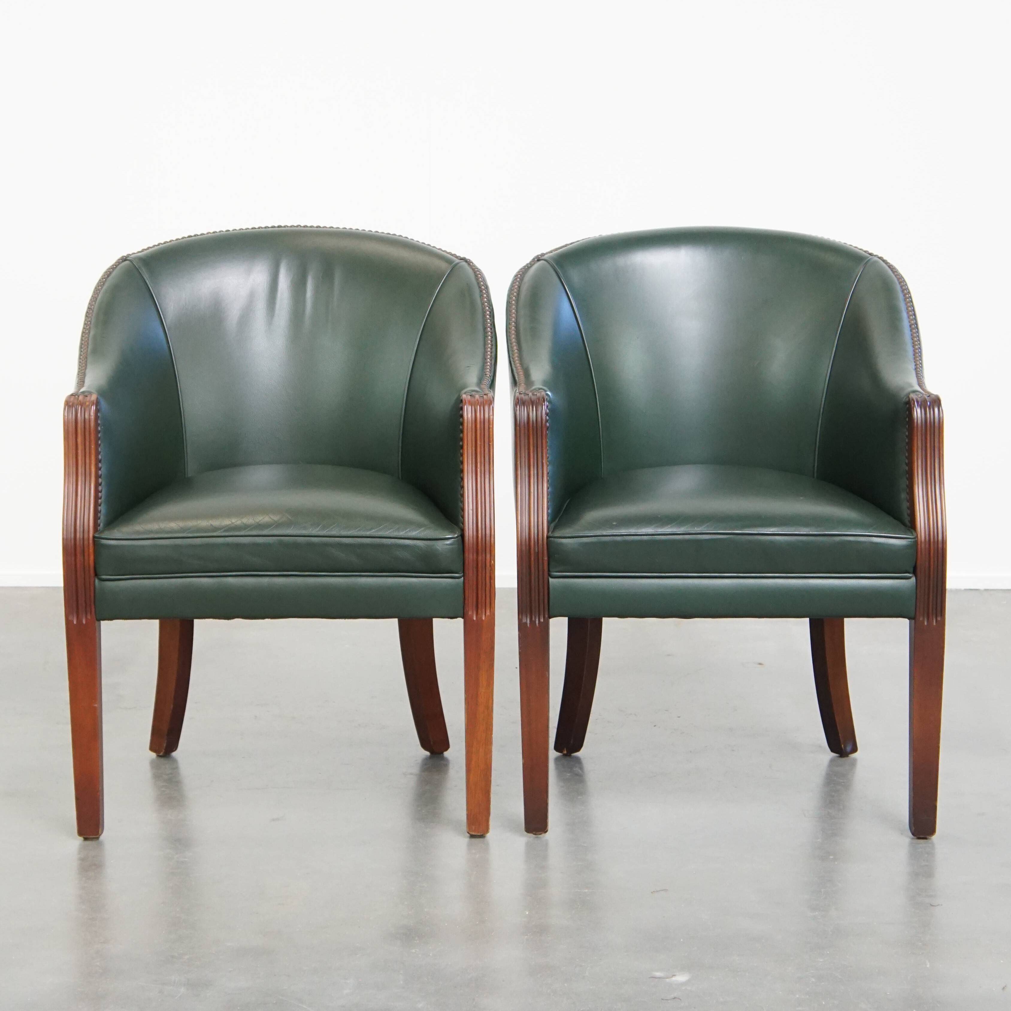 Set of 2 Green Cowhide Leather and Wooden Side/Dining/Office Chairs