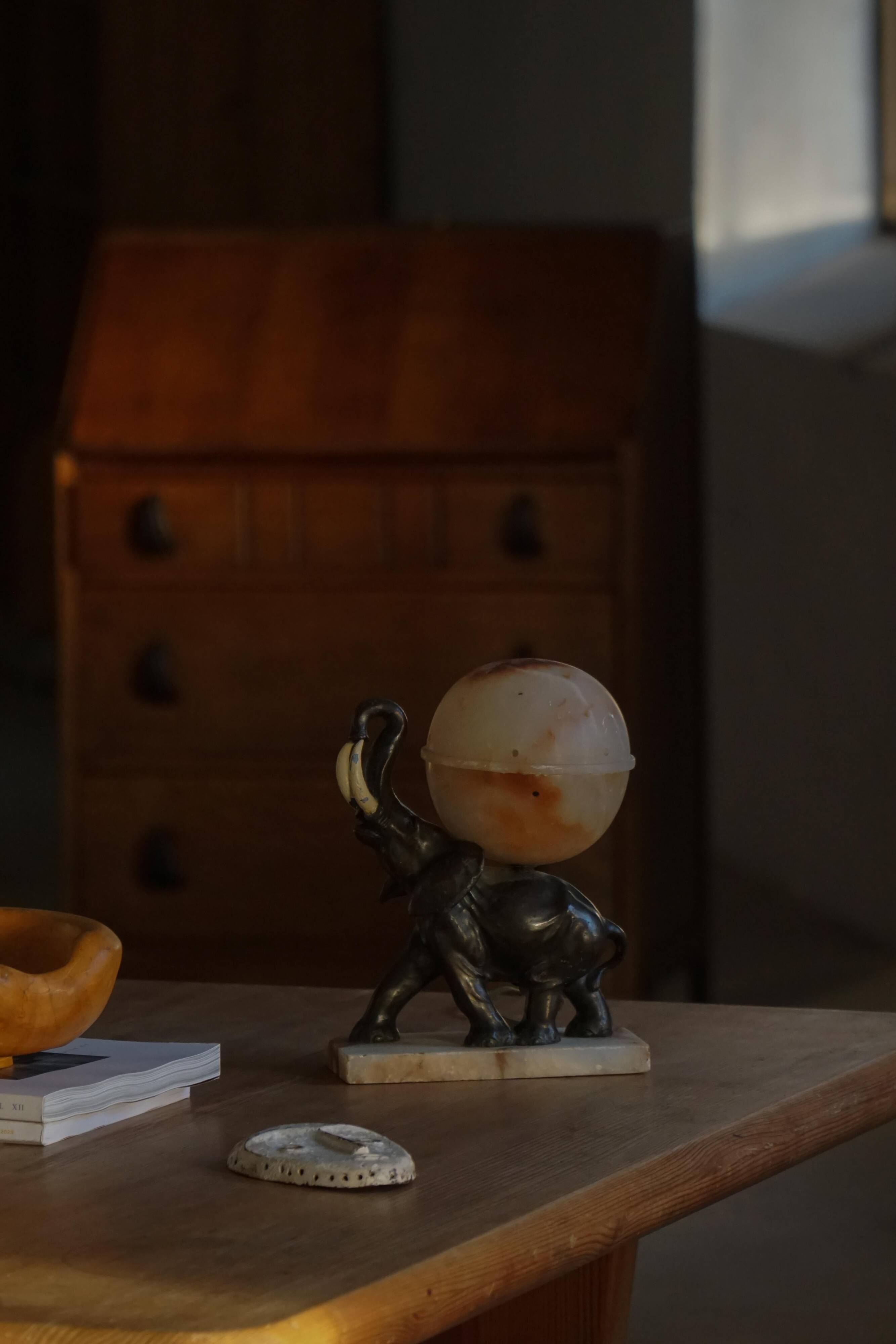 Art Deco Table Lamp, Elephant with Alabaster Globe, Early 20th Century, 1930s