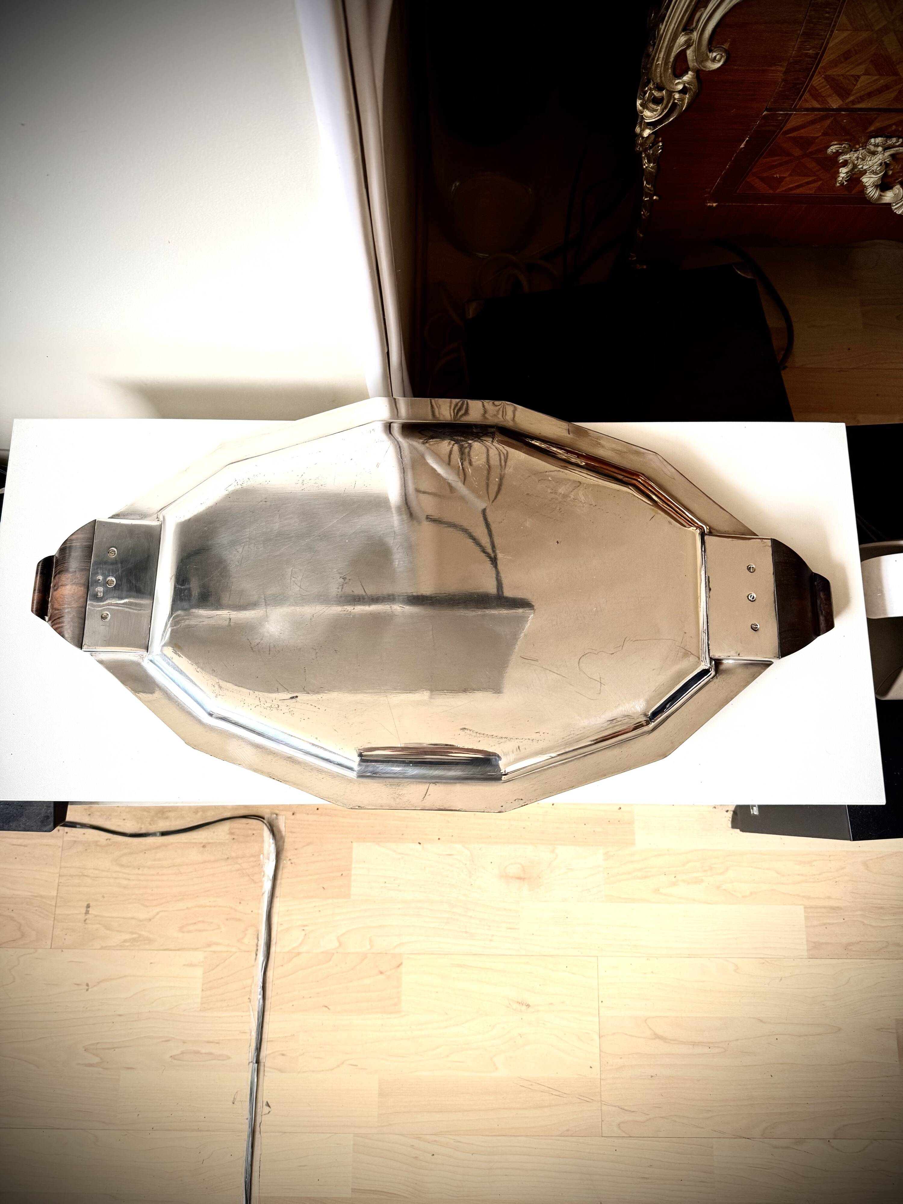 Metal service tray in silver-plated brass