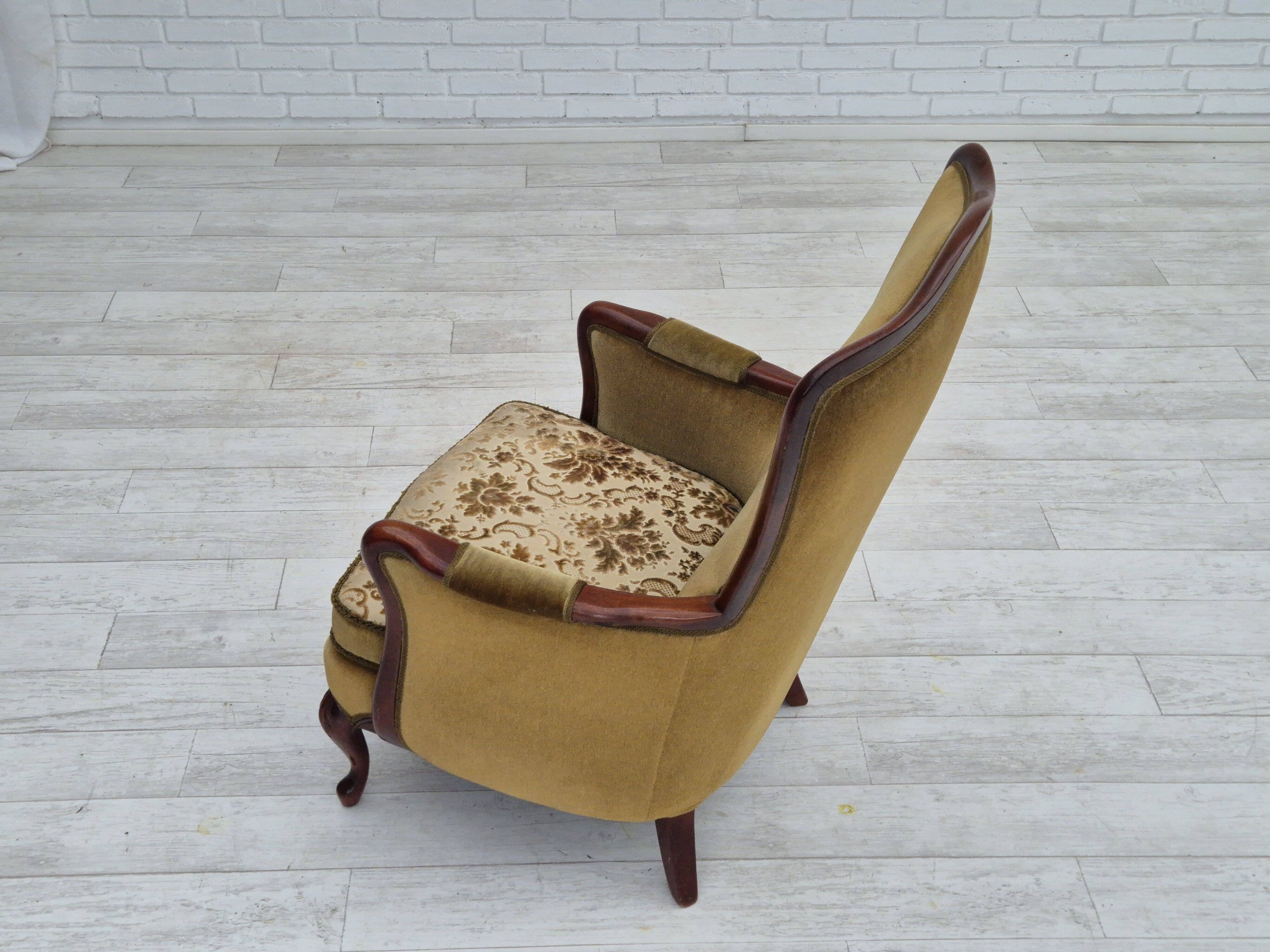 1950s, Danish highback armchair, original upholstery, green velour.