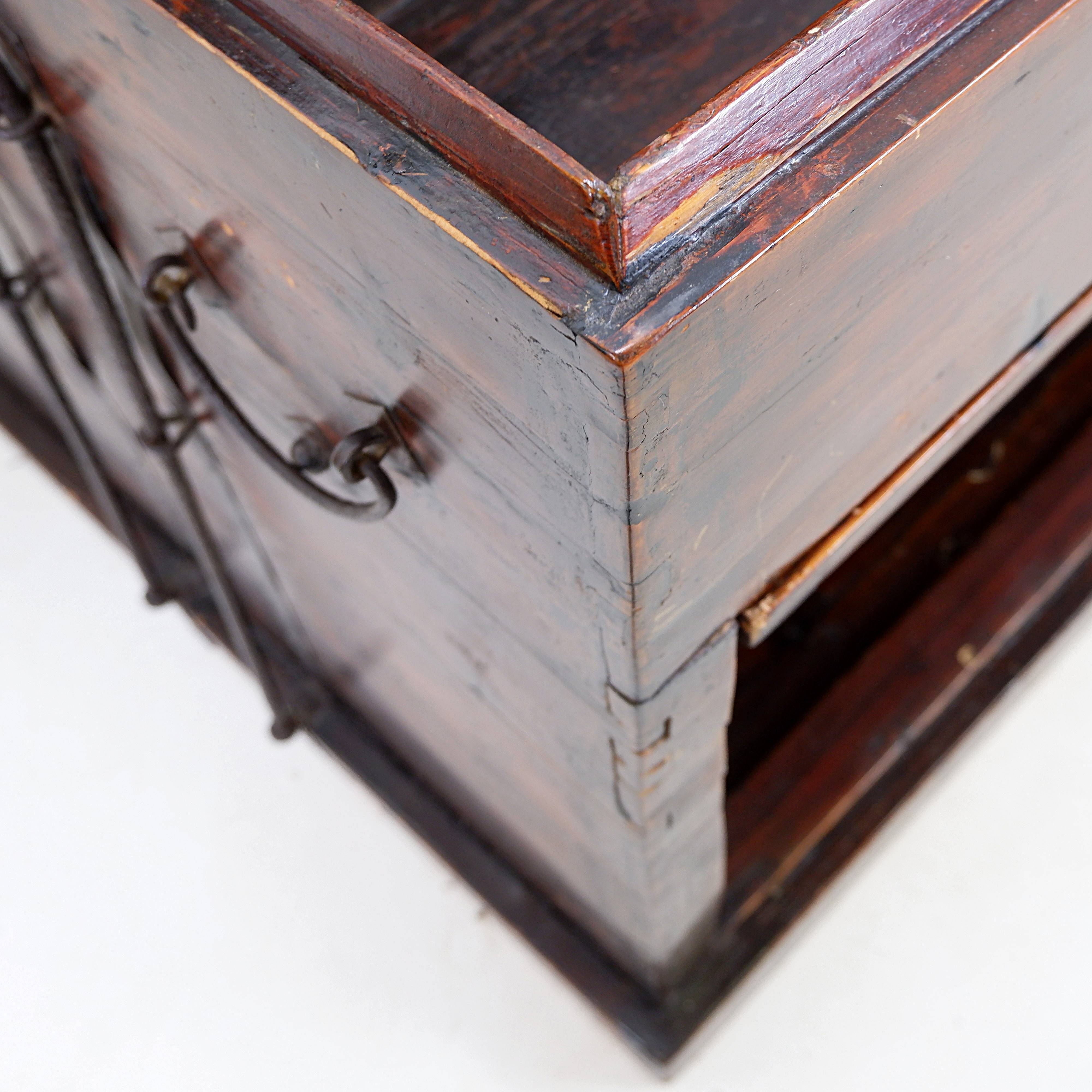 Ancient Japanese chest made of wood and iron.
