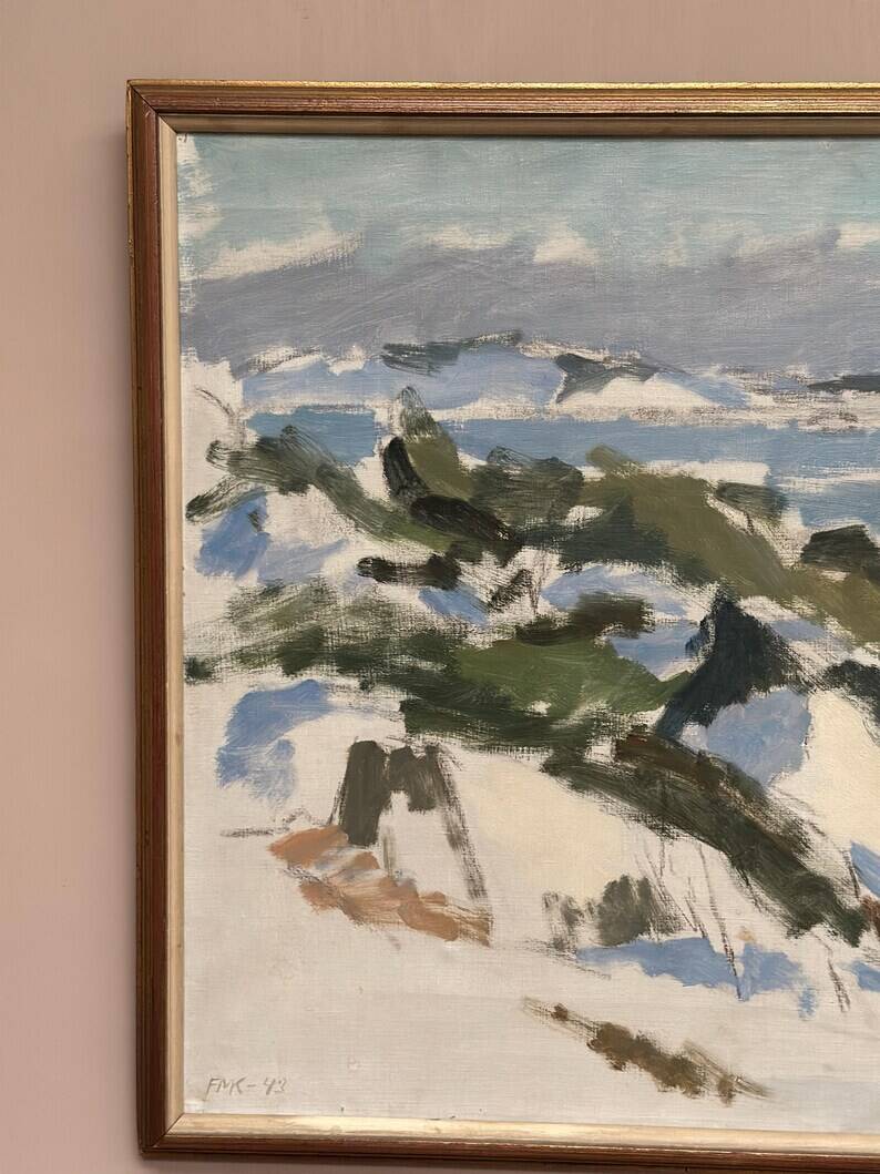Original Swedish Oil on Canvas – "Winter Landscape" by FMK – Dated 1943 – Vintage and Framed – 78 × 60 cm (30.7" × 23.6")