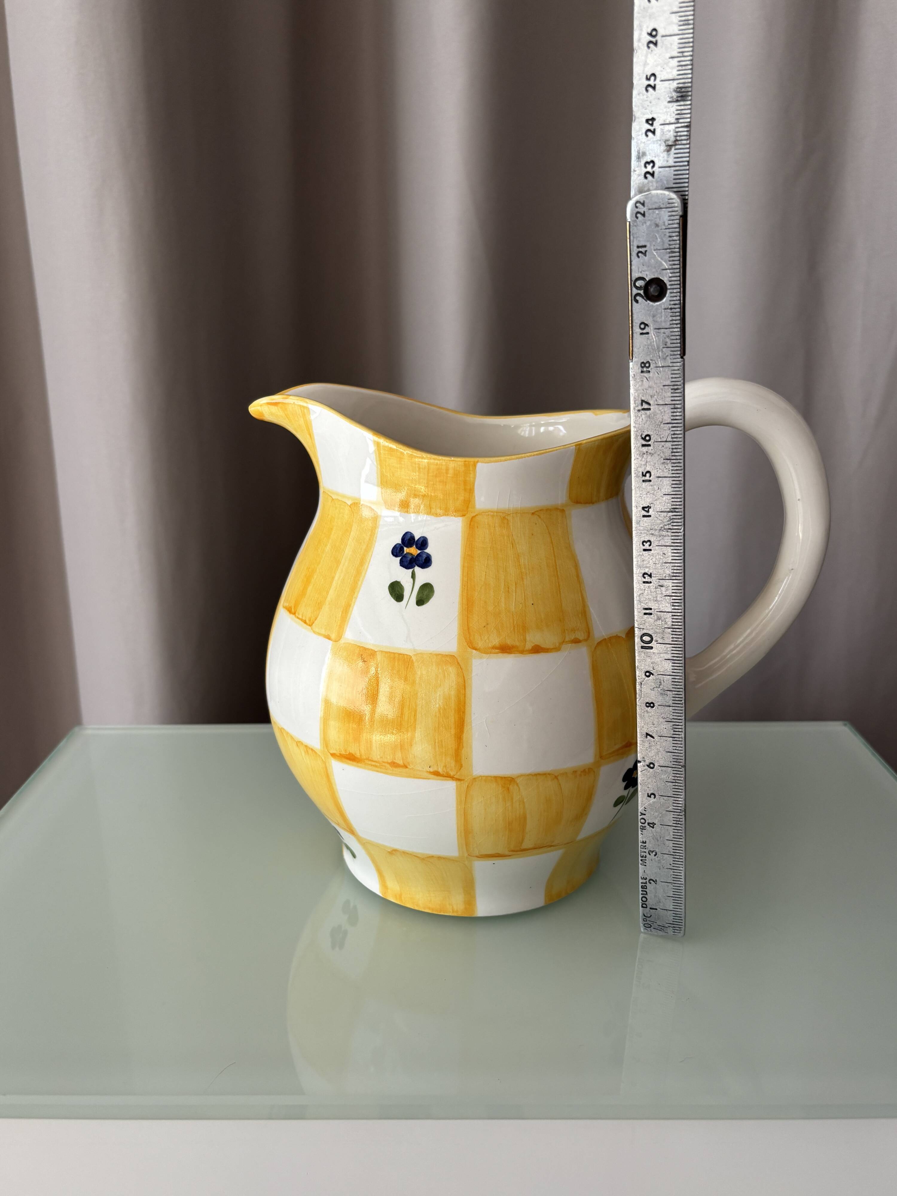 Cottagecore hand-painted ceramic jug – yellow check & blue flowers