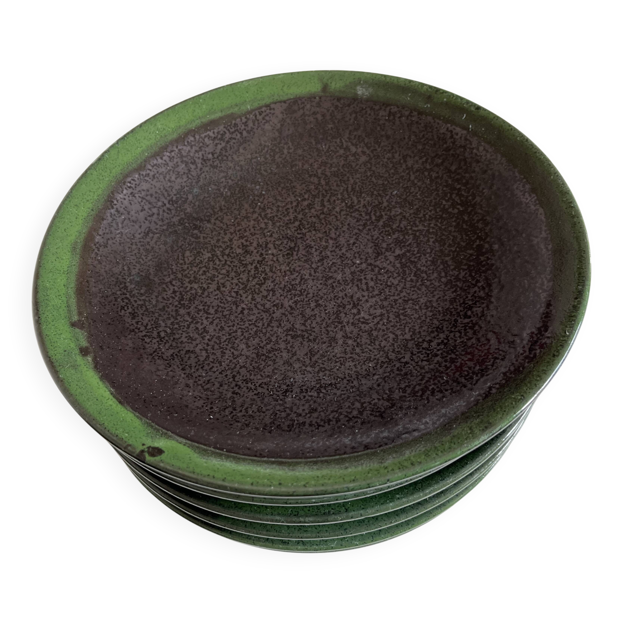 Set de 6 assiettes plates calotte en grès de potier 1970