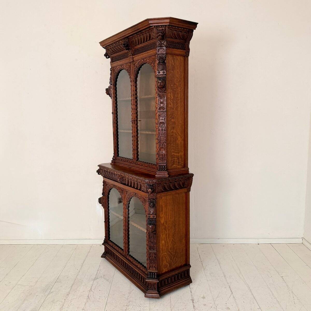 Antique Neo-Renaissance Oak Bookcase with Figural Carvings, 1870