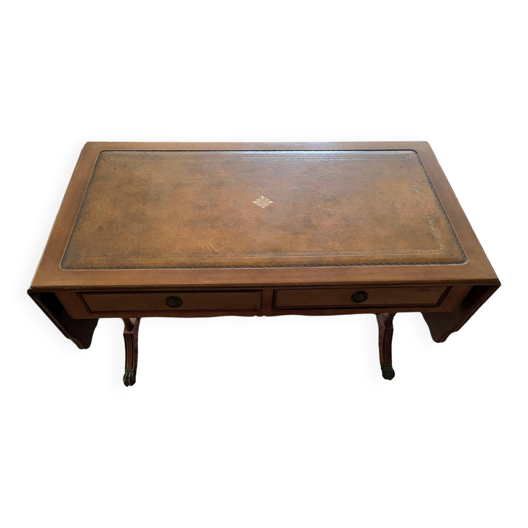 Table basse anglaise victorienne bois acajou / cuir / Feuille d’or