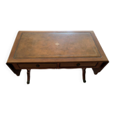 Victorian English coffee table in mahogany wood / leather / gold leaf