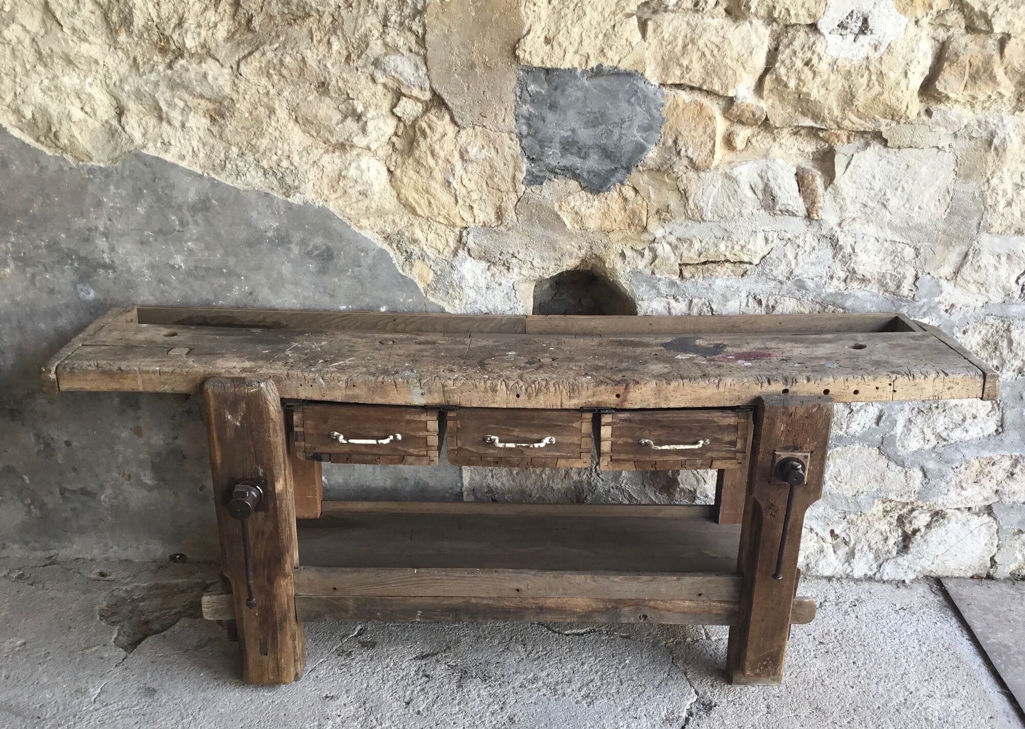 Solid oak workbench with stalls and drawers - 20th century