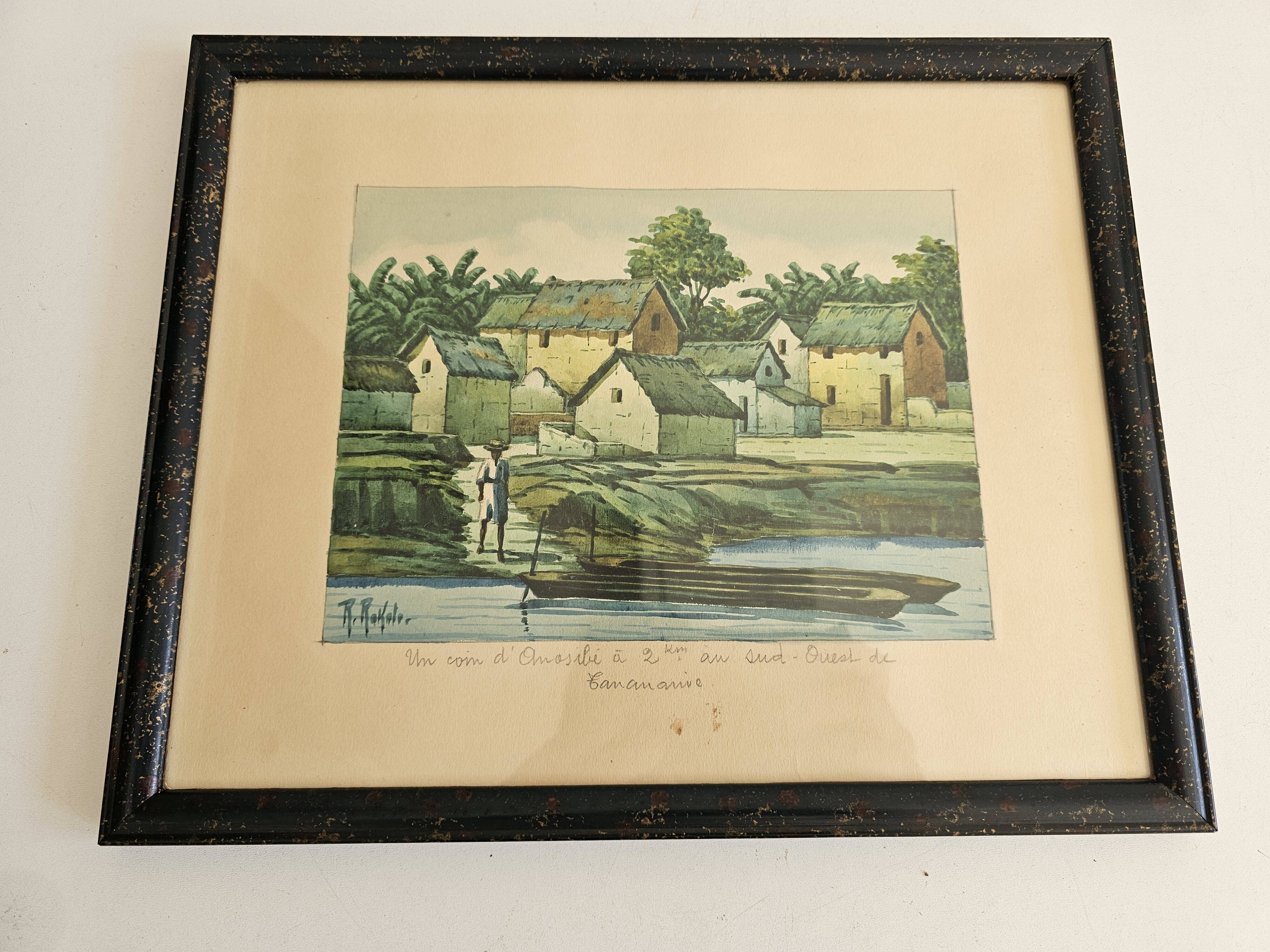 Watercolour painting on paper Madagascar Malagasy Village Signed R Rakoto