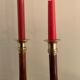 Pair of brass and mahogany wood candle holders