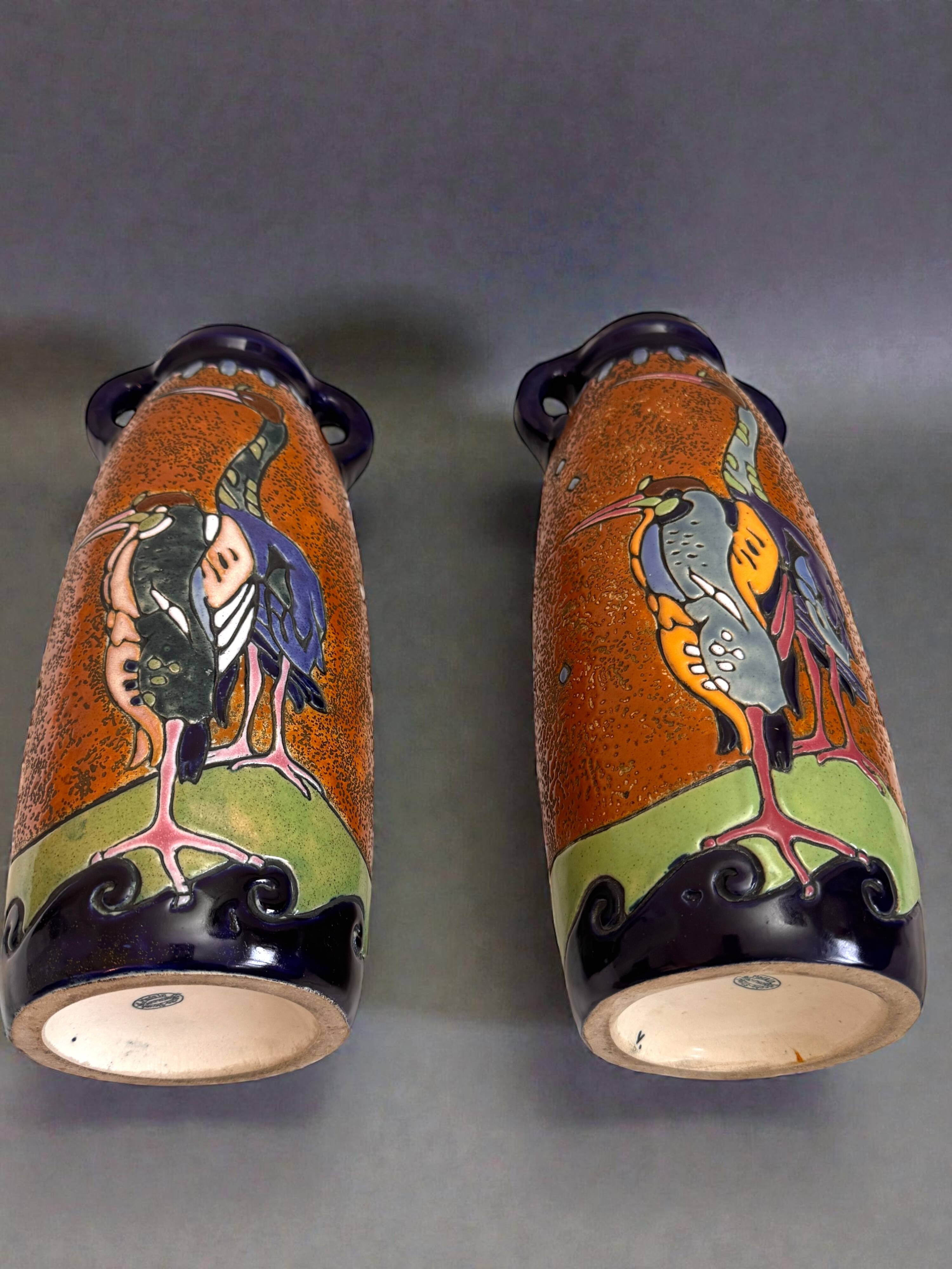 Pair of Art Deco Amphora Vases – Bohemia 1920s – Birds – 38 cm