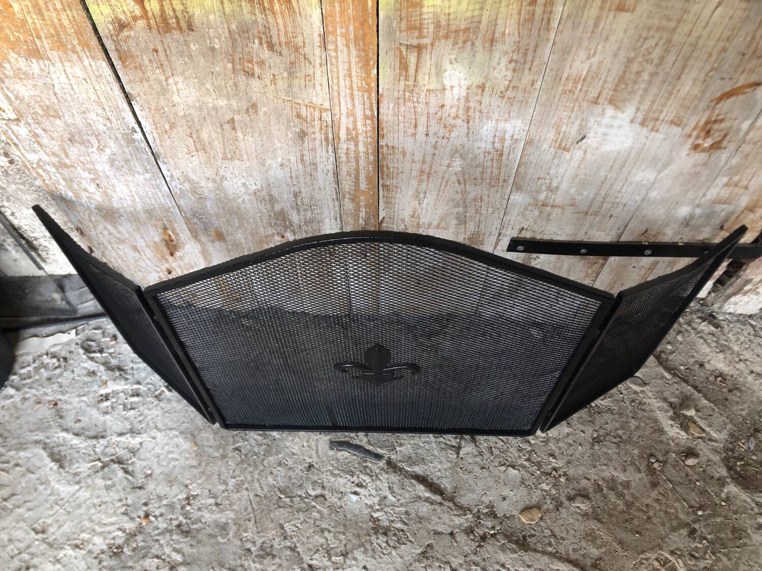 Grilled Fire Screen Fireplace 3 Shutters Black Metal Fleurs De Lys Vintage #A344