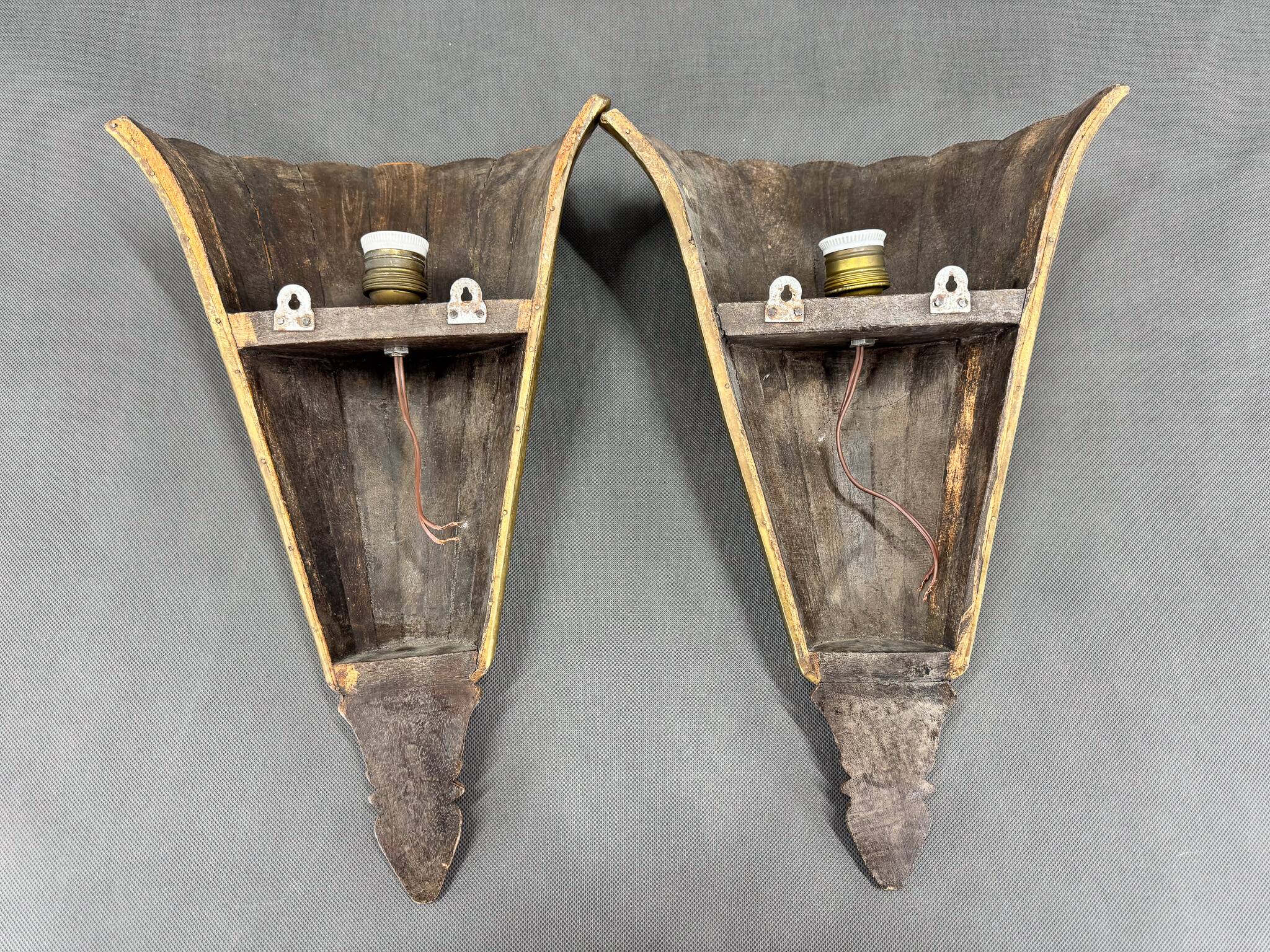 Antique Wood & Brass Wall Lights, France