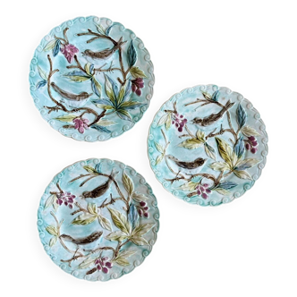 Set of 3 antique plates in majolica with bird designs.