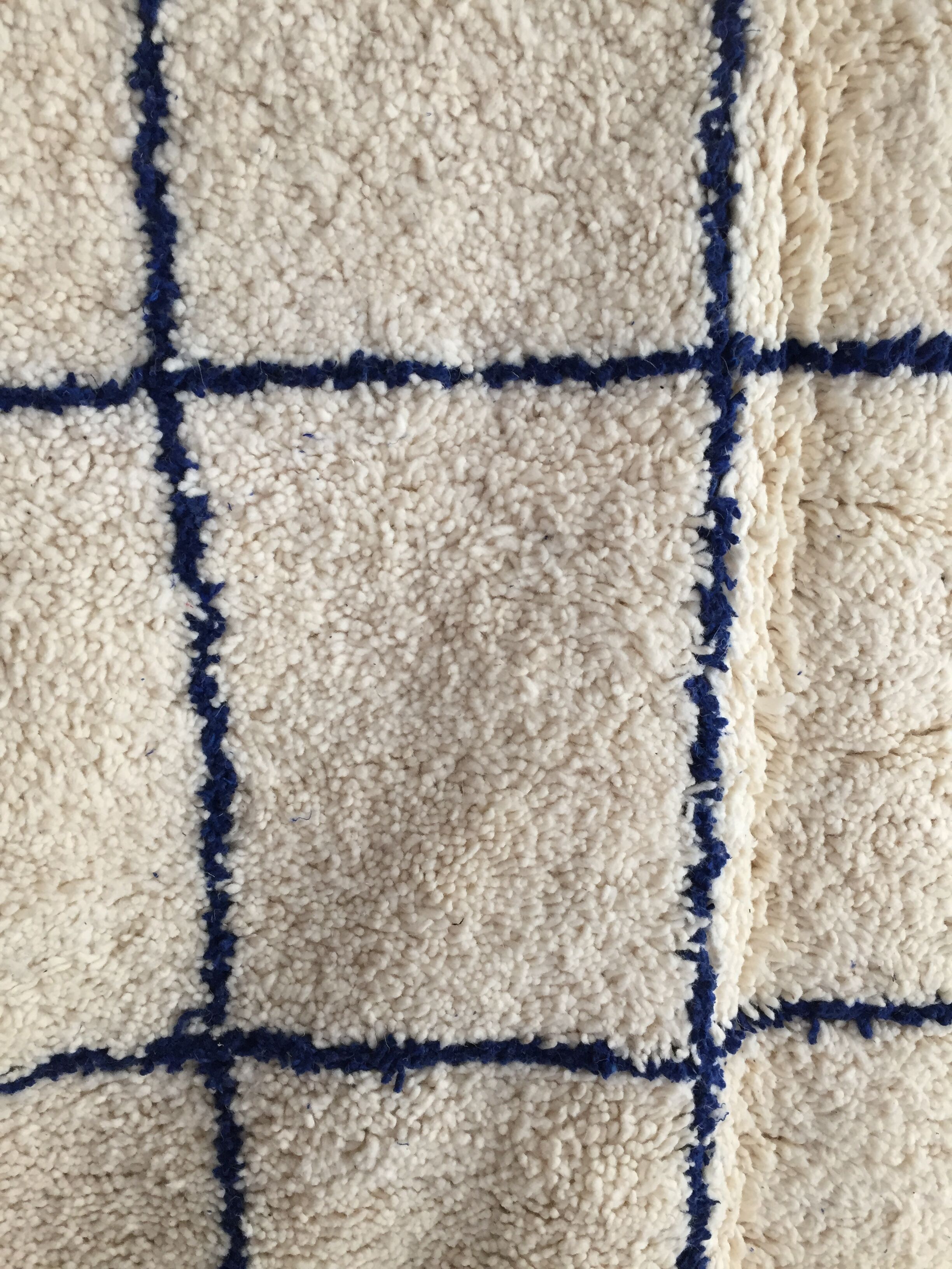 Moroccan Berber carpet Beni Ouarain ecru with largeelle blue checkered 302x190cm