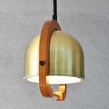 Lustre à hauteur réglable en laiton et en chêne du milieu du siècle dernier 70s