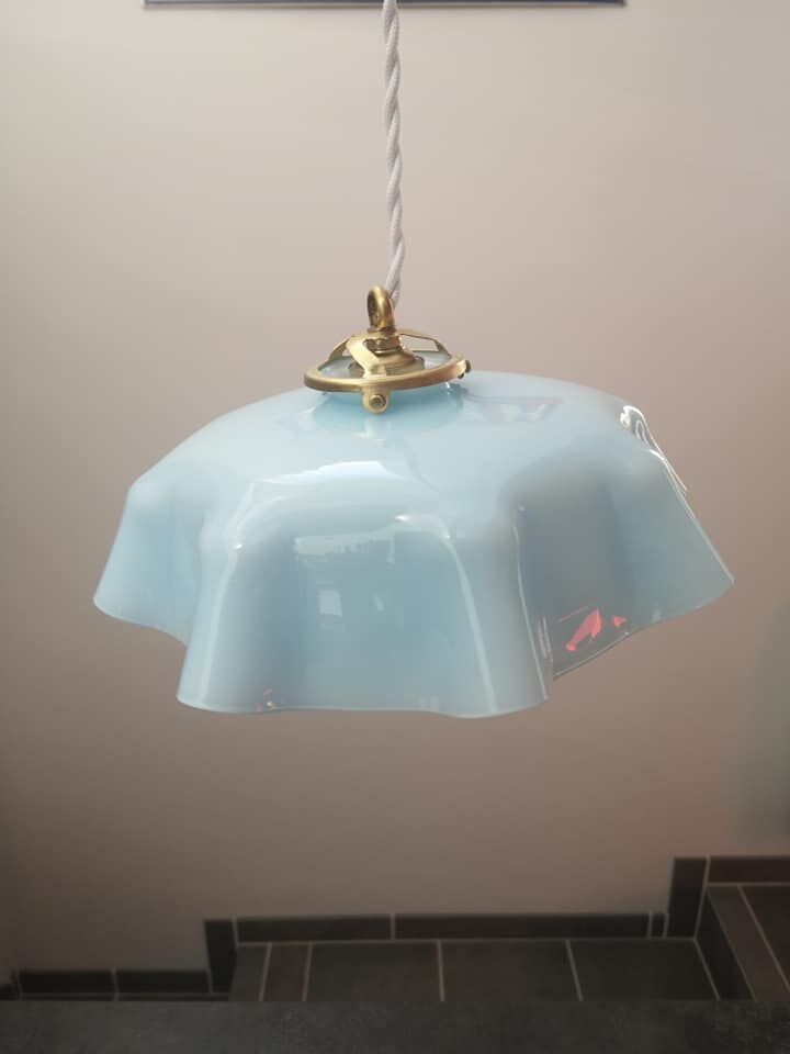 Old suspension lamp opaline blue hexagonal Art Deco 1930 TBE Ø 26.3 cm