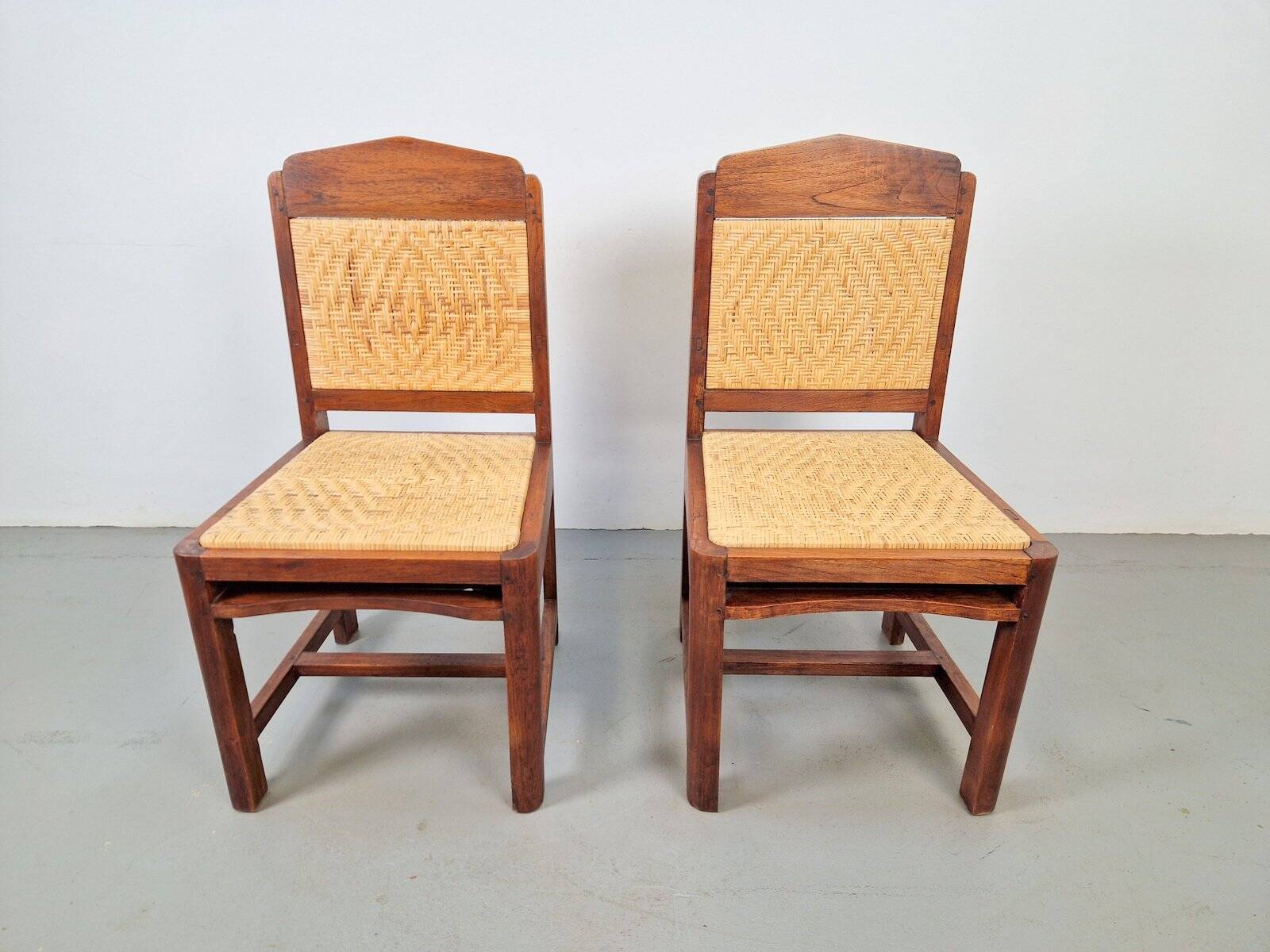 Dutch Art Deco Haagse School Oak and Rattan Webbing Chairs, 1930s, Set of 2