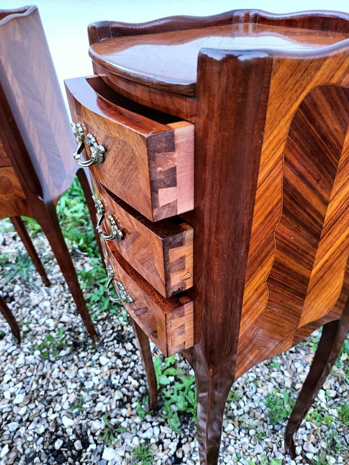 Pair of bedside tables in old Louis XV style marquetry