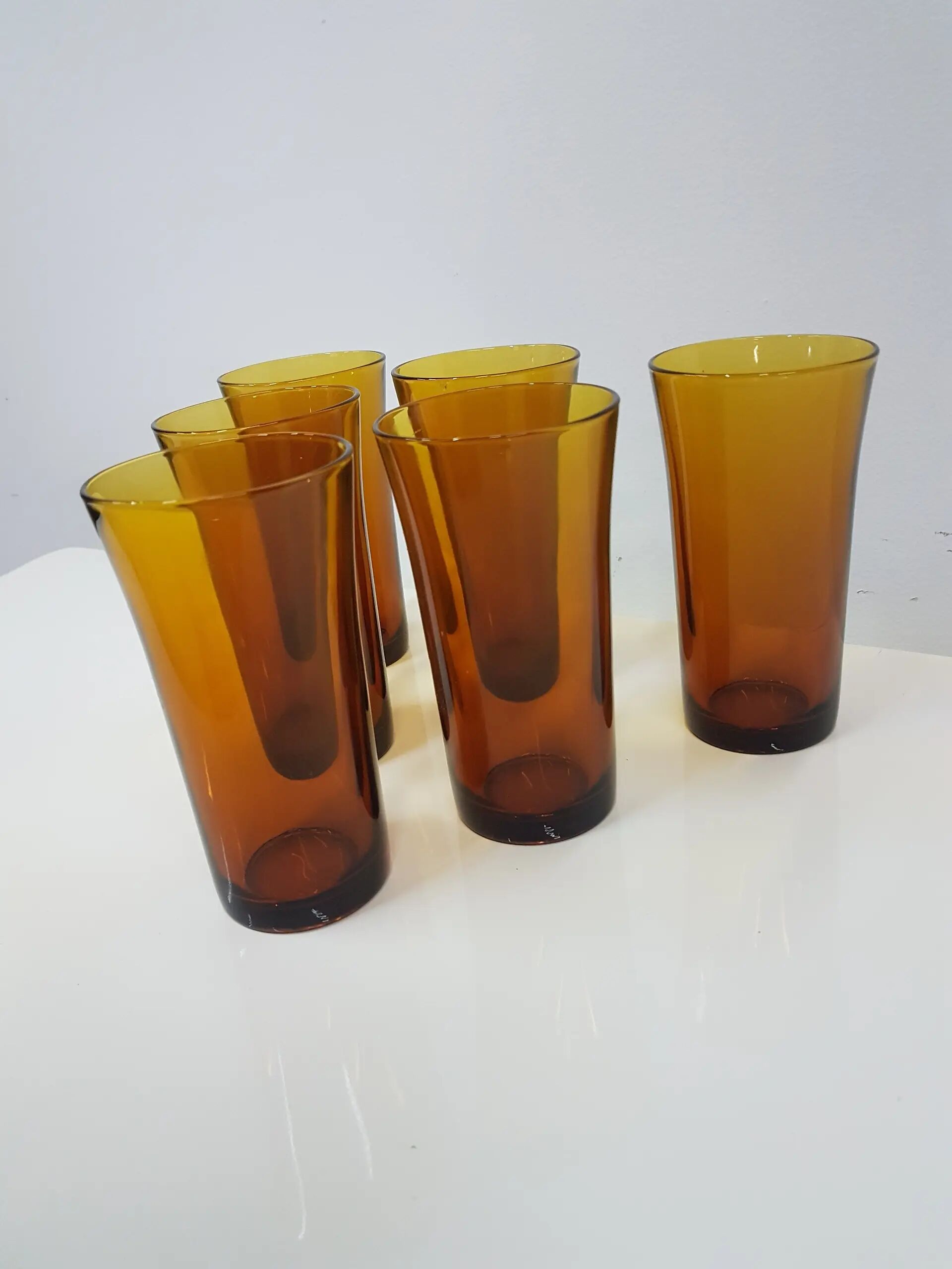 Set of six amber glass tumblers, Duralex, France, 1980s.
