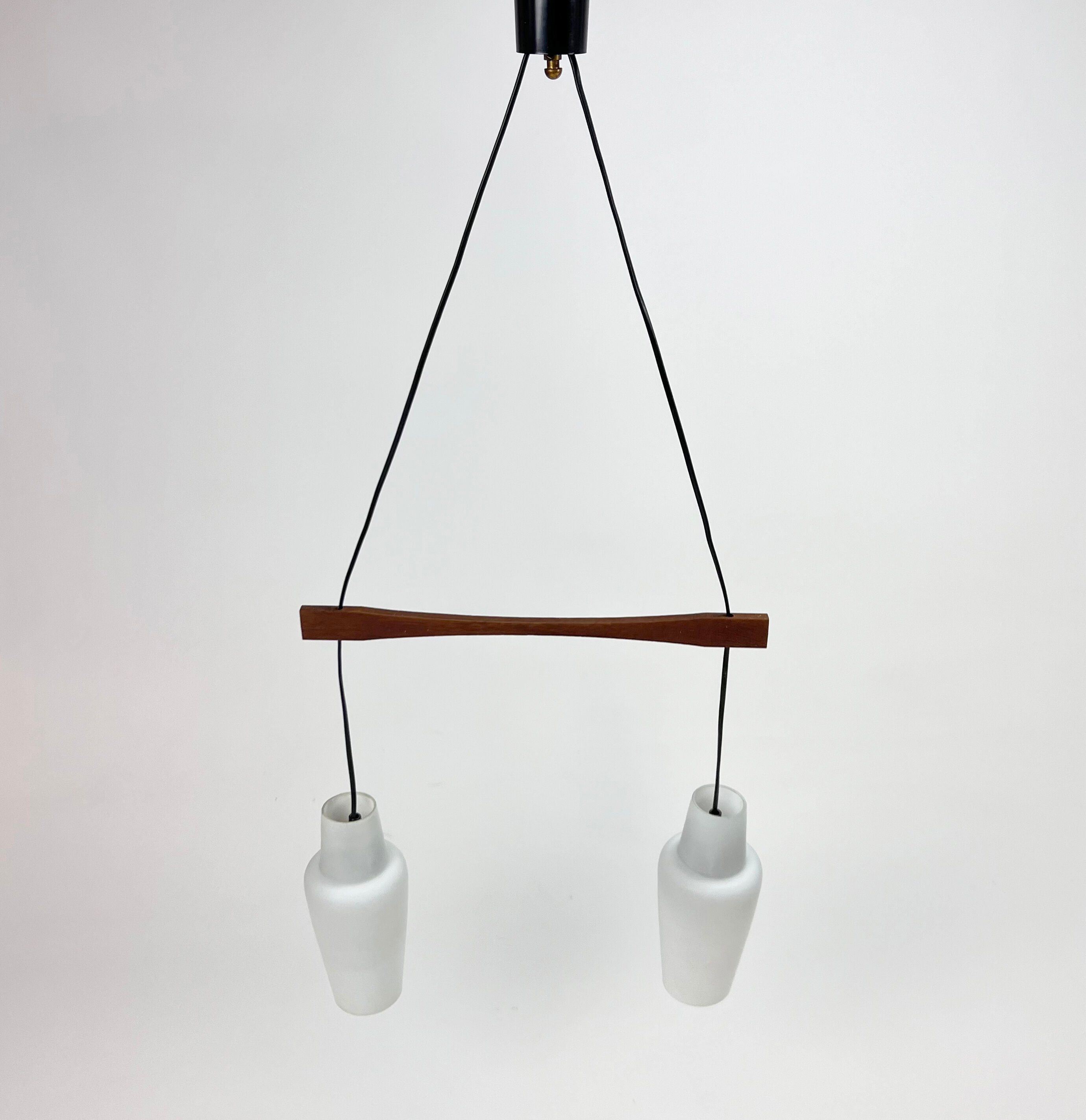 Danish Teak and White Glass Hanging Lamp, 1950s