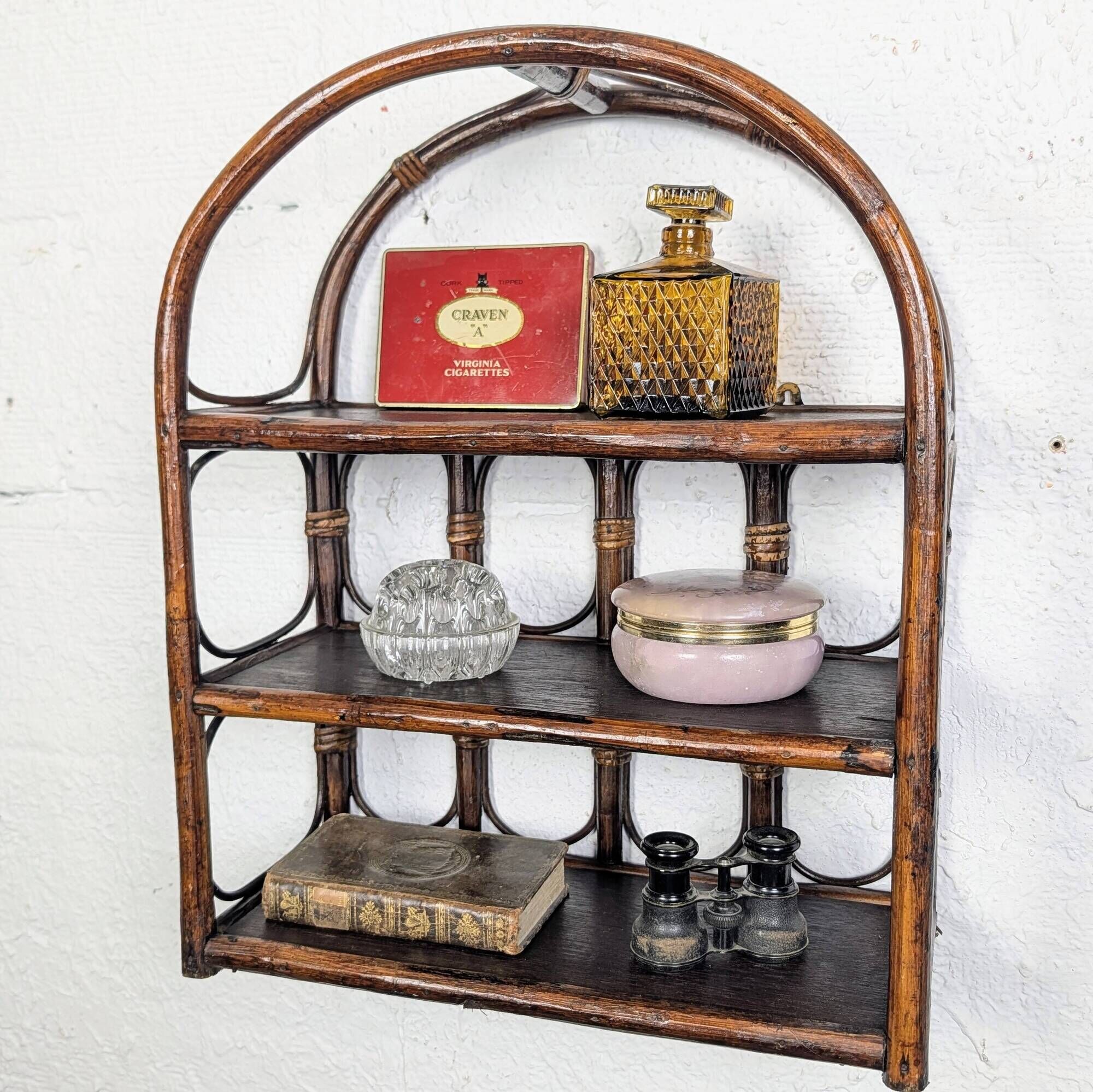 Brown rattan wall shelf, 3 levels