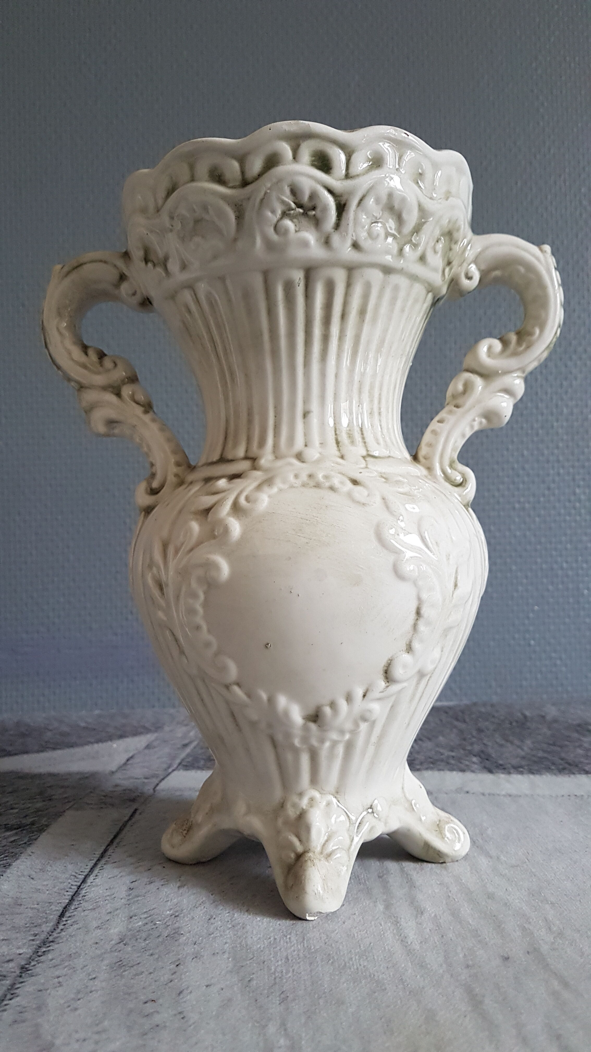 White dabbling vases with capodimonte porcelain floral decoration