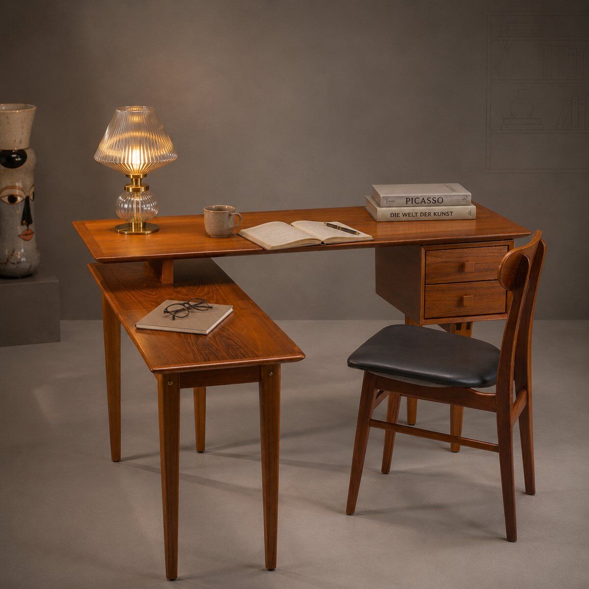 Bureau en teck en L de style mid-century moderne, années 1970