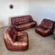Ensemble canapé et 2 fauteuils vintage en cuir camel patchwork design années 70