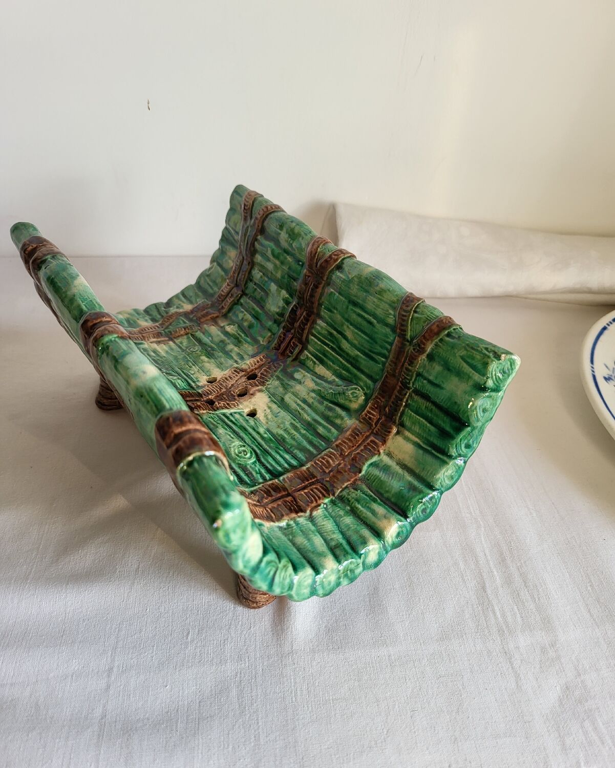 Dish and Asparagus Drainer in Green Barbotine Earthenware