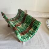 Dish and Asparagus Drainer in Green Barbotine Earthenware