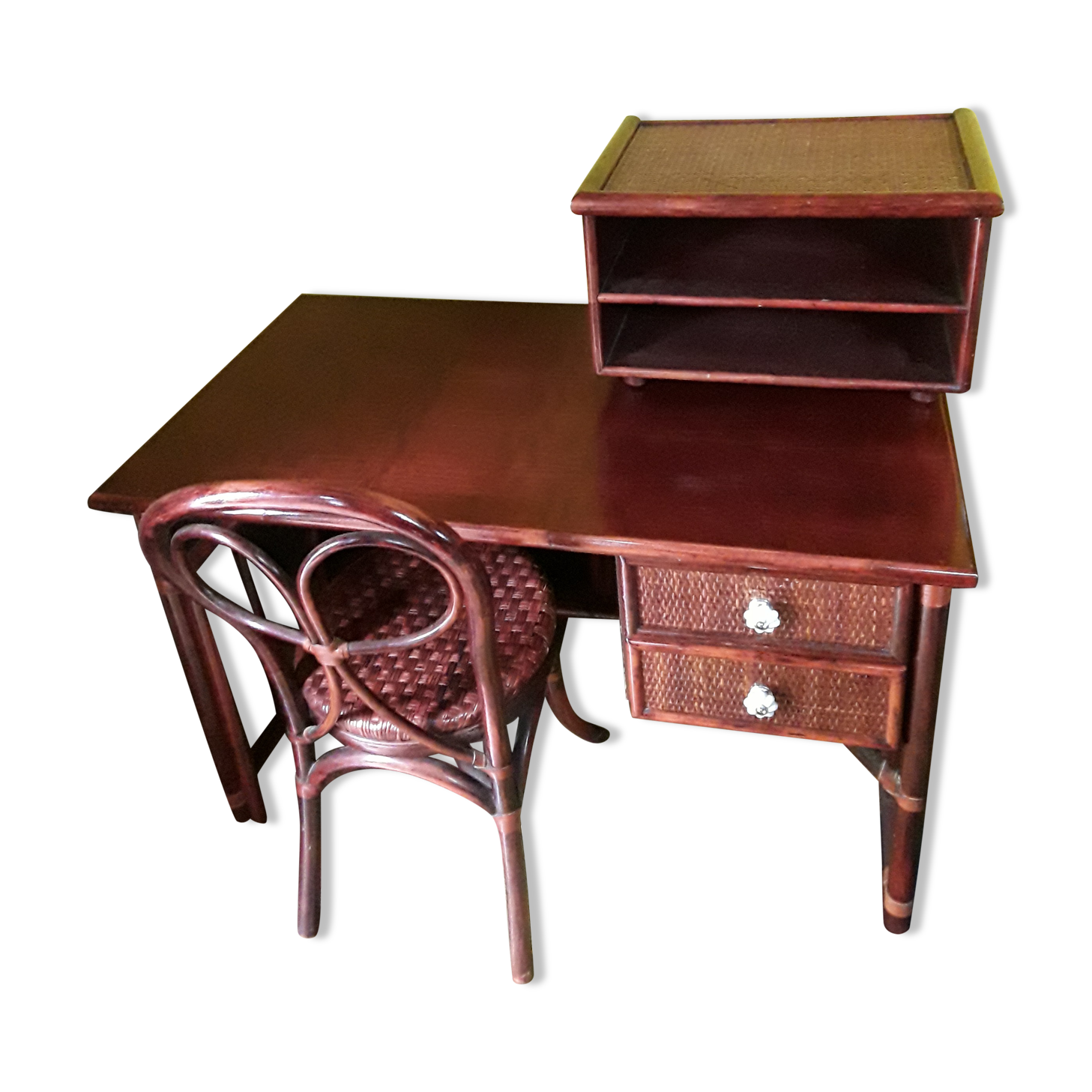 Desk and chair in rattan and vintage wood