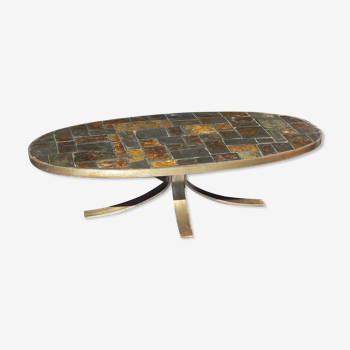 Coffee table of the 60s/70s; wrought iron base, slate tile top