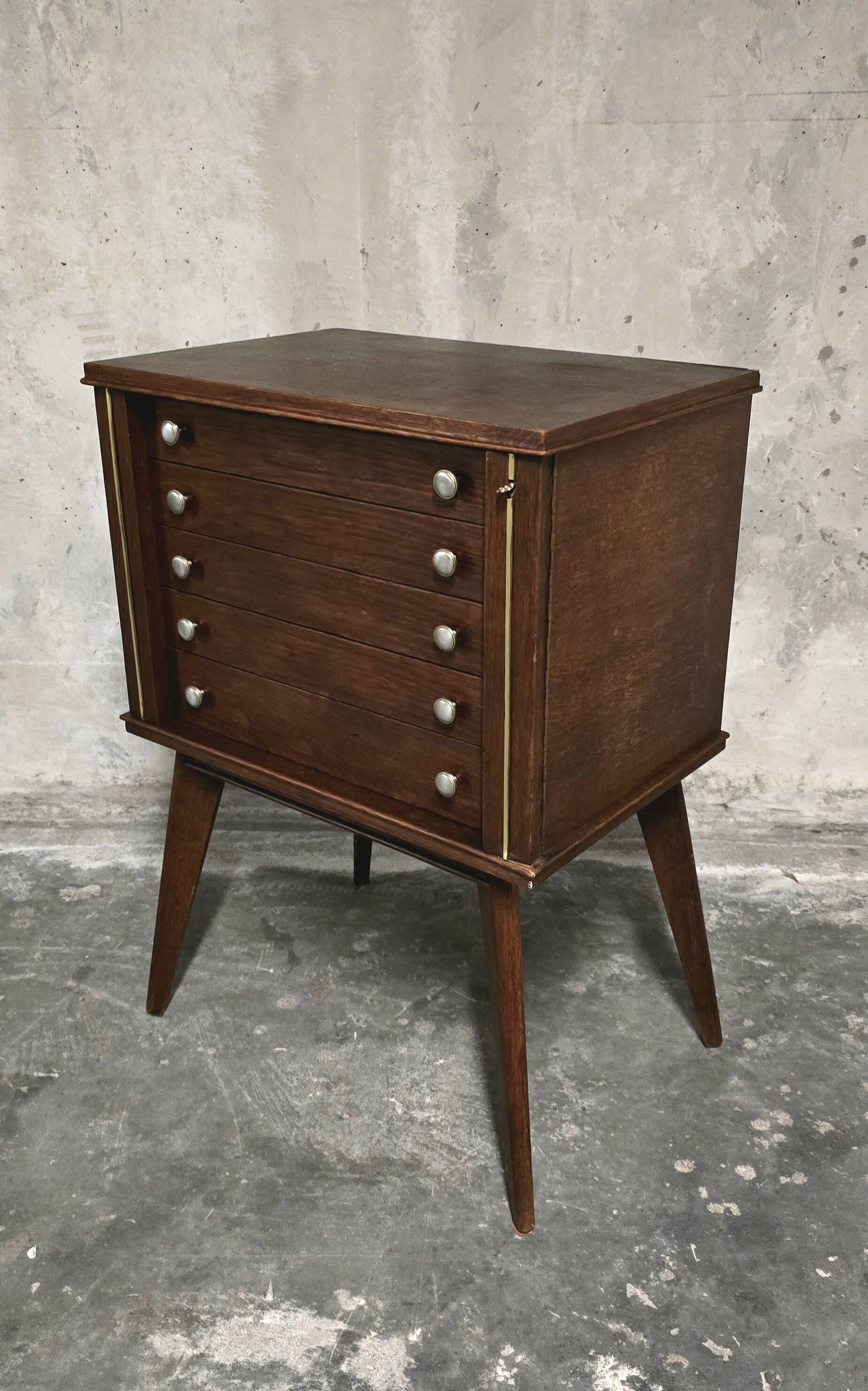 Empty silverware cabinet / vintage cutlery cabinet on tapered legs – year