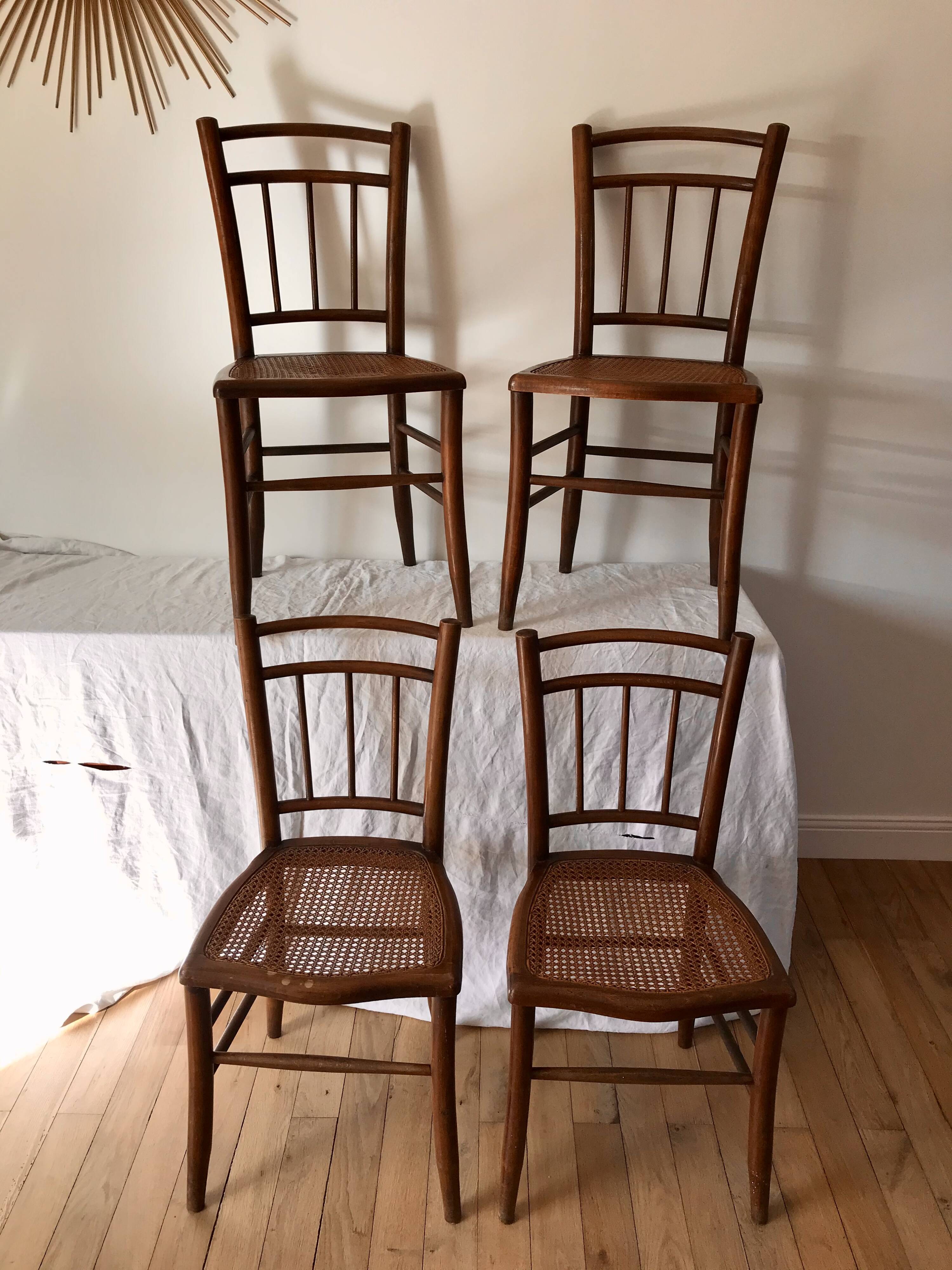 set of 4 bistro chairs in turned wood and canework stamped early 20th century