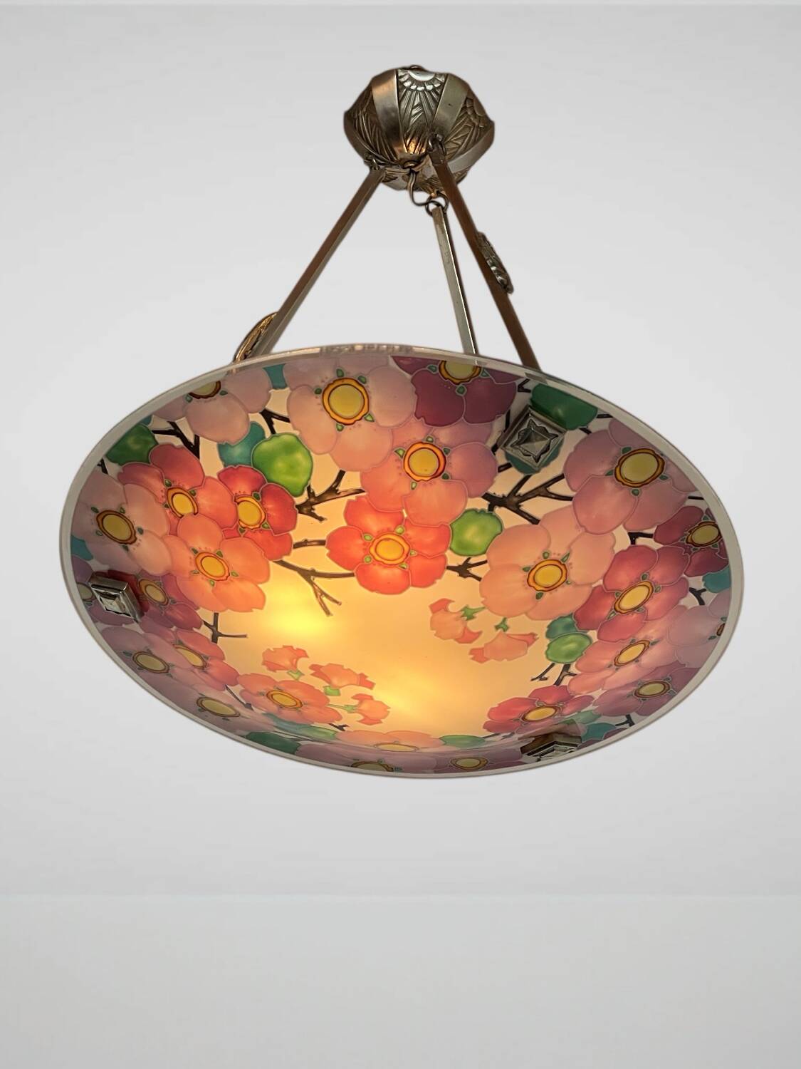 Art Deco enamelled glass basin pendant light by Loys Lucha